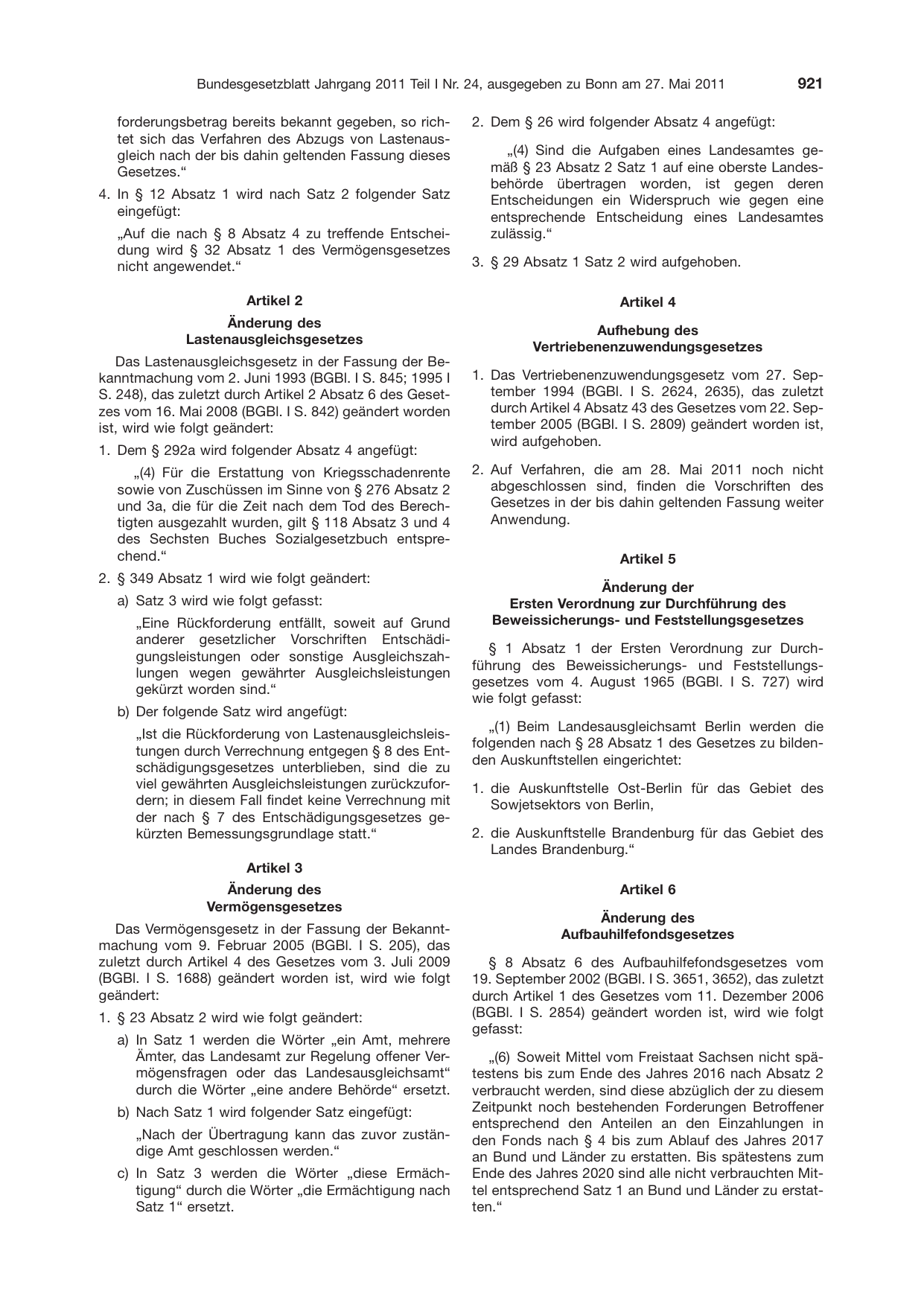 BGBl. 2011, Seite 921 — Originalseite als Abbildung