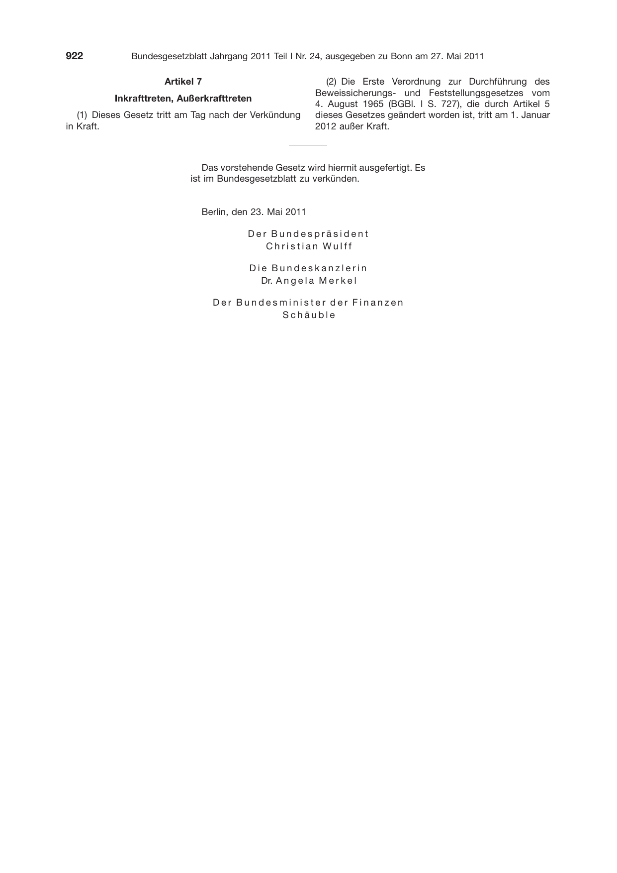 BGBl. 2011, Seite 922 — Originalseite als Abbildung