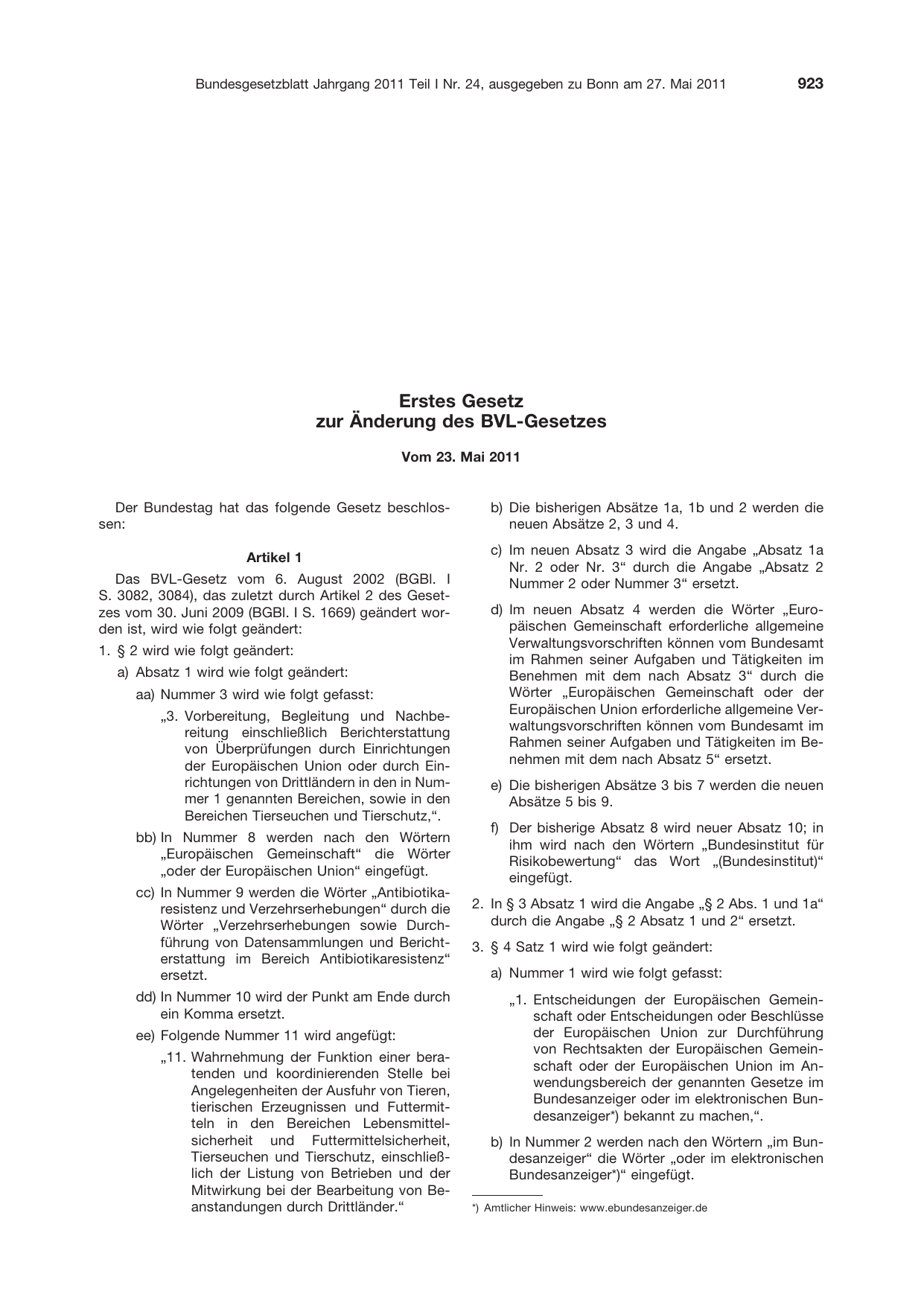 BGBl. 2011, Seite 923 — Originalseite als Abbildung