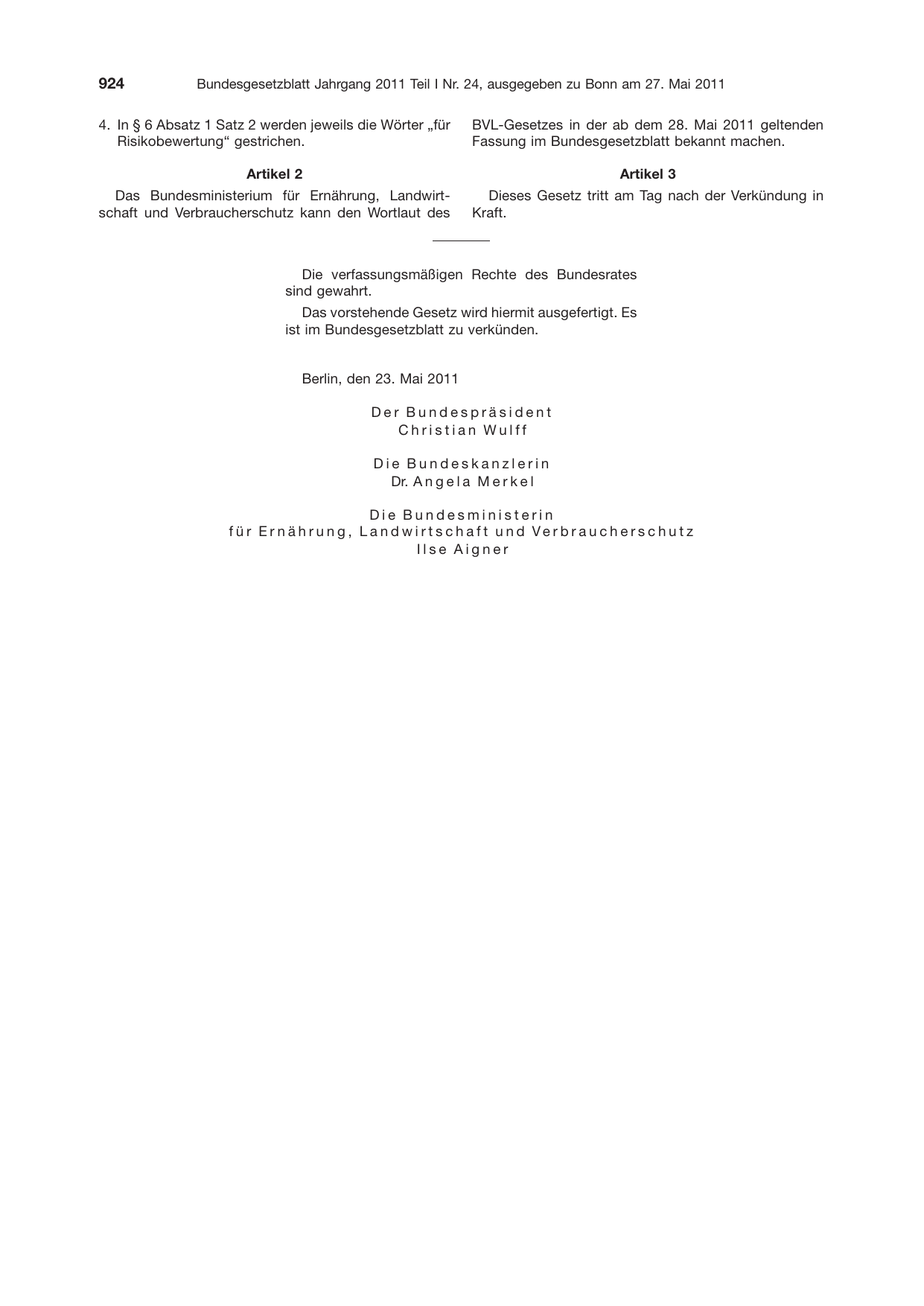 BGBl. 2011, Seite 924 — Originalseite als Abbildung