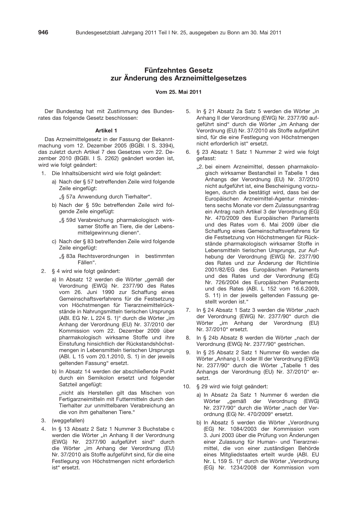 BGBl. 2011, Seite 946 — Originalseite als Abbildung