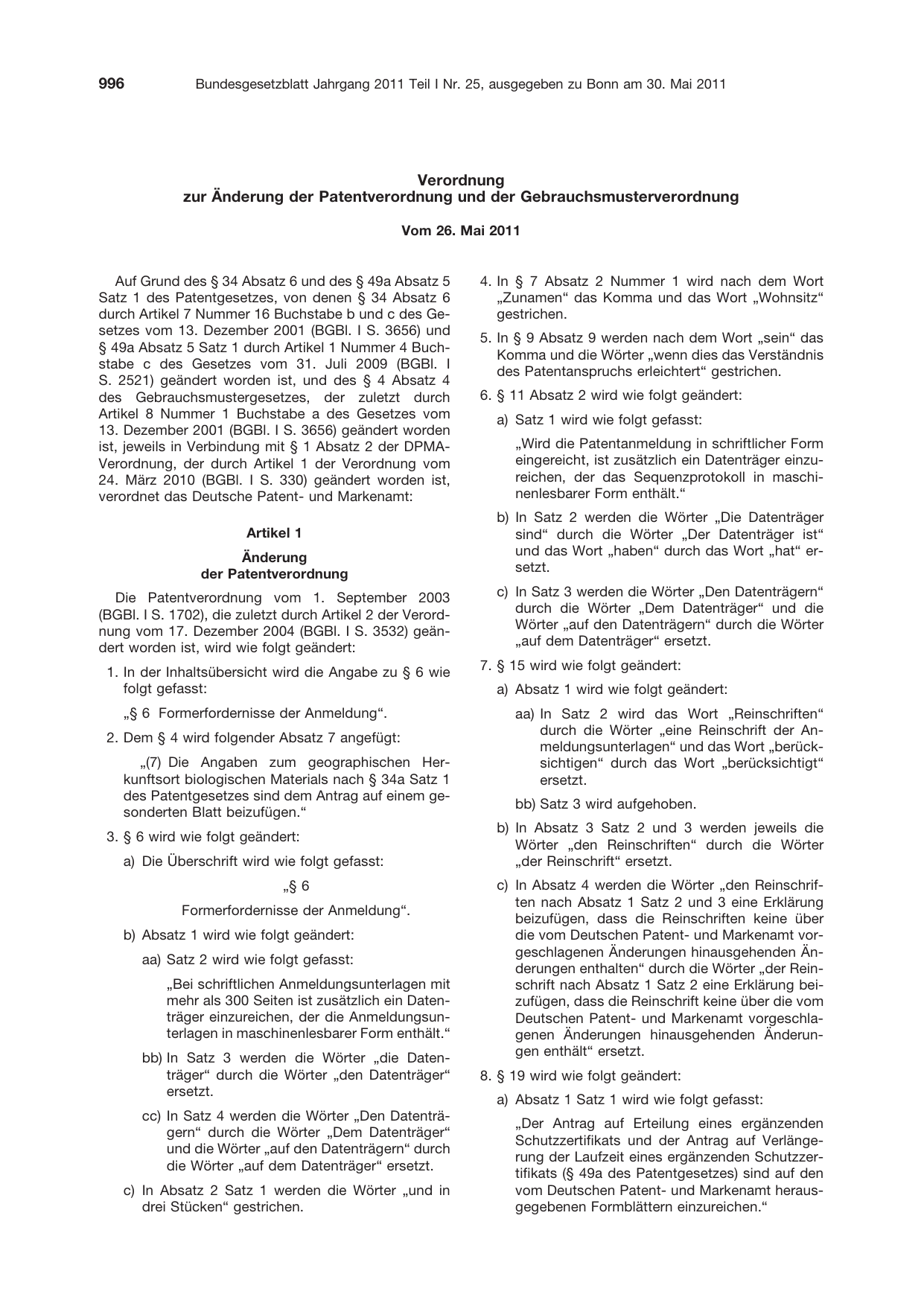 BGBl. 2011, Seite 996 — Originalseite als Abbildung