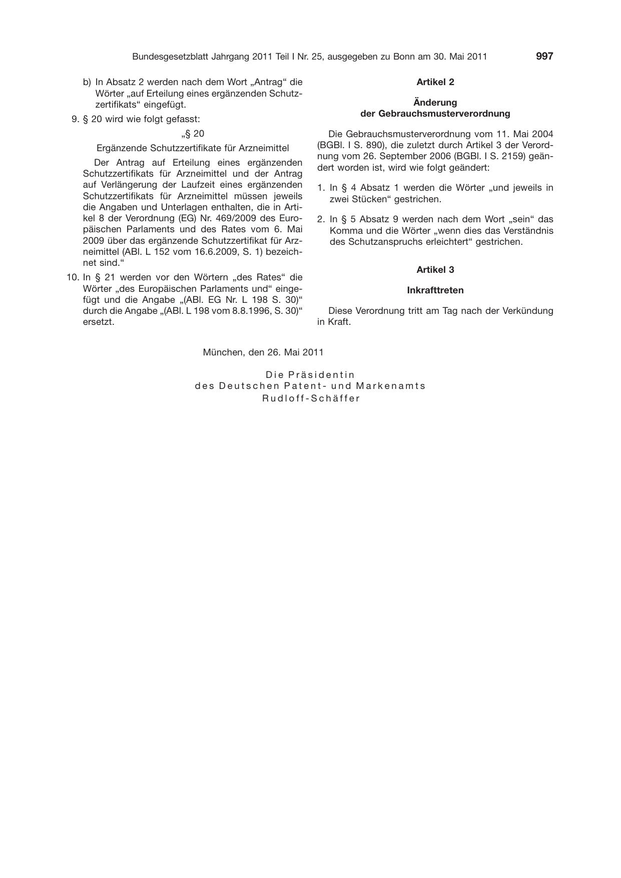 BGBl. 2011, Seite 997 — Originalseite als Abbildung