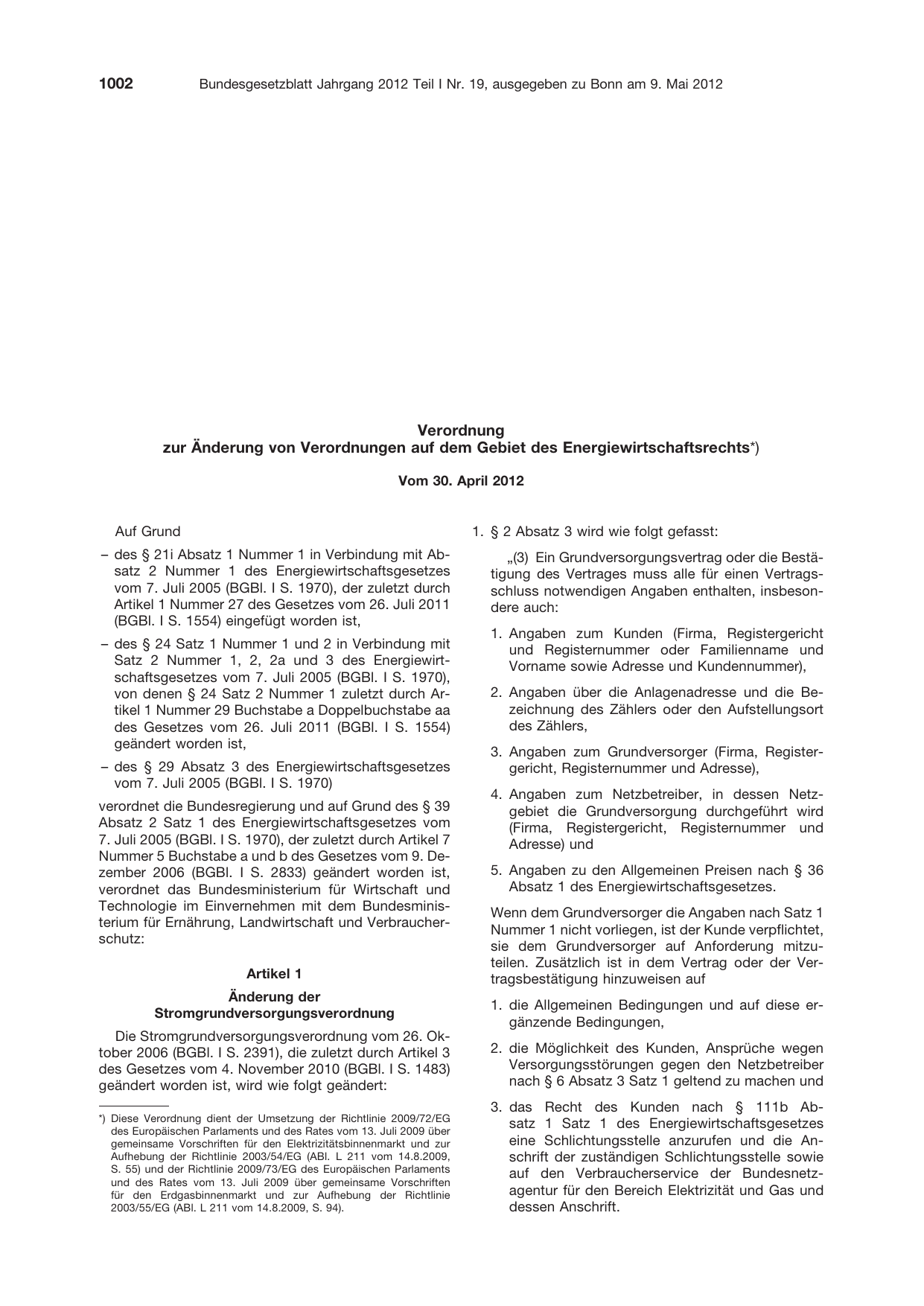 BGBl. 2012, Seite 1002 — Originalseite als Abbildung
