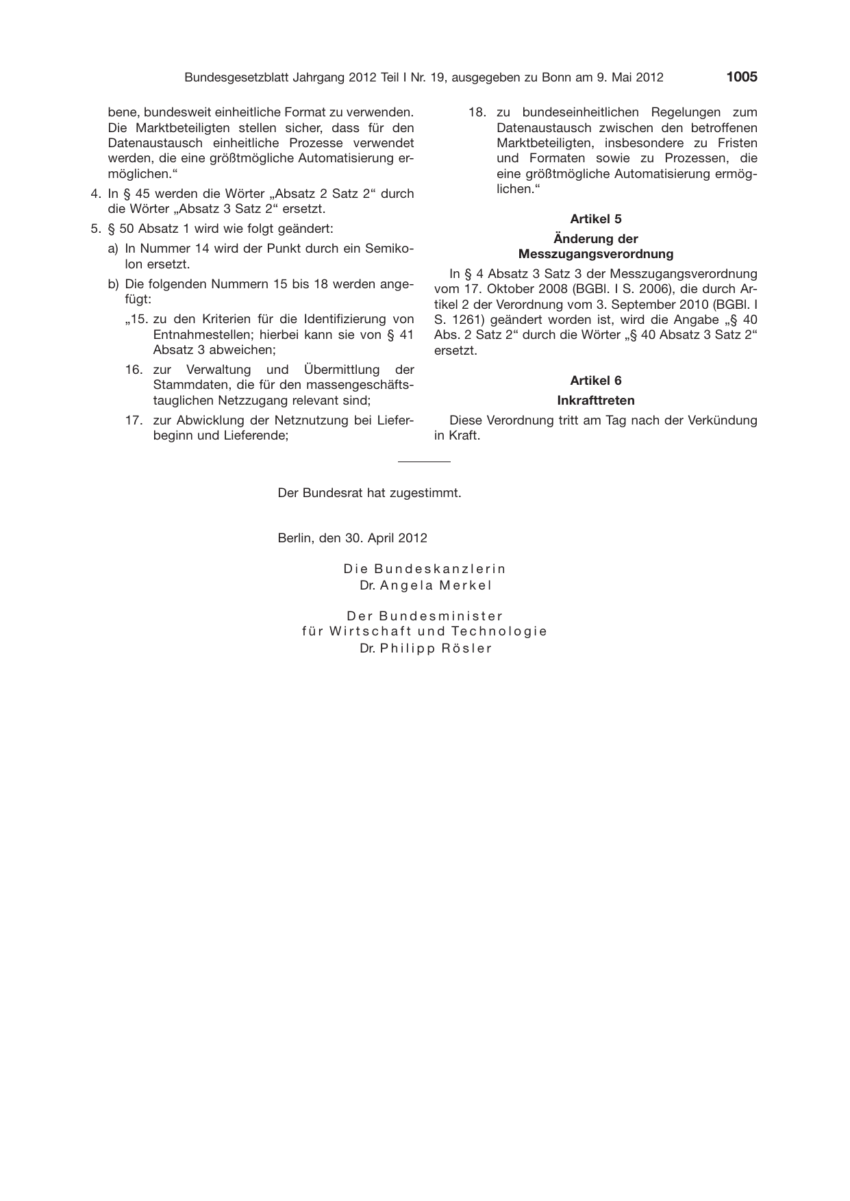 BGBl. 2012, Seite 1005 — Originalseite als Abbildung