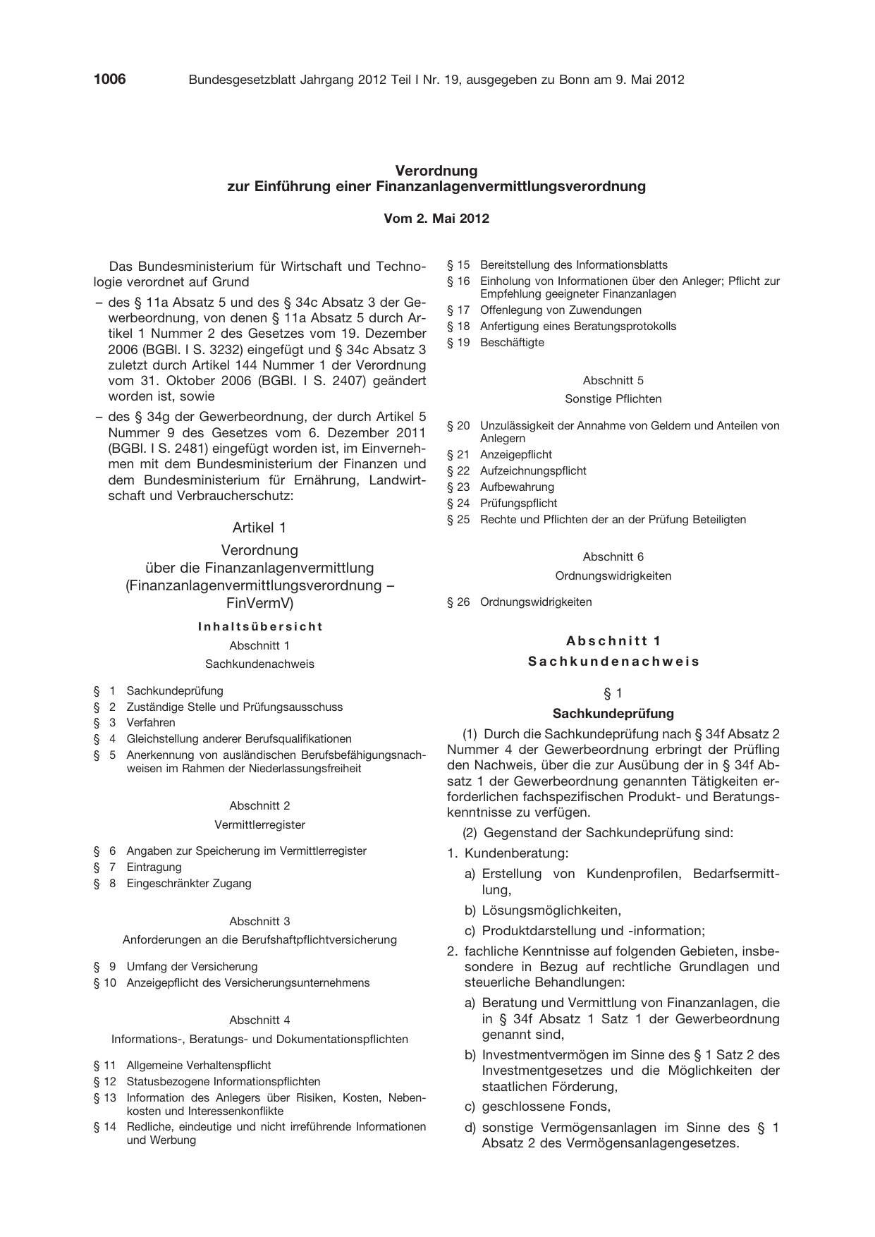 BGBl. 2012, Seite 1006 — Originalseite als Abbildung