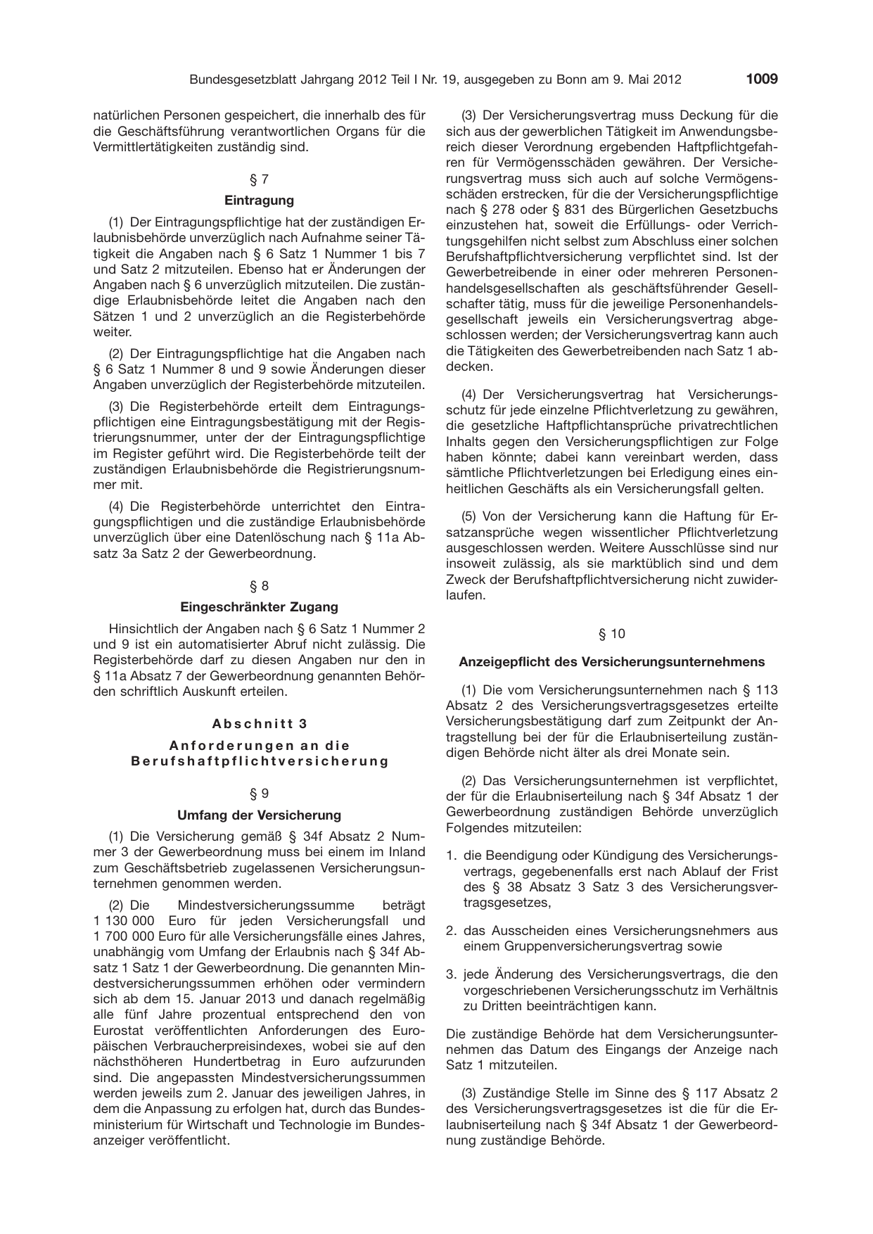 BGBl. 2012, Seite 1009 — Originalseite als Abbildung