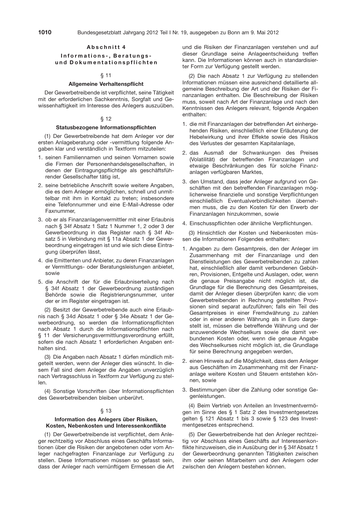 BGBl. 2012, Seite 1010 — Originalseite als Abbildung