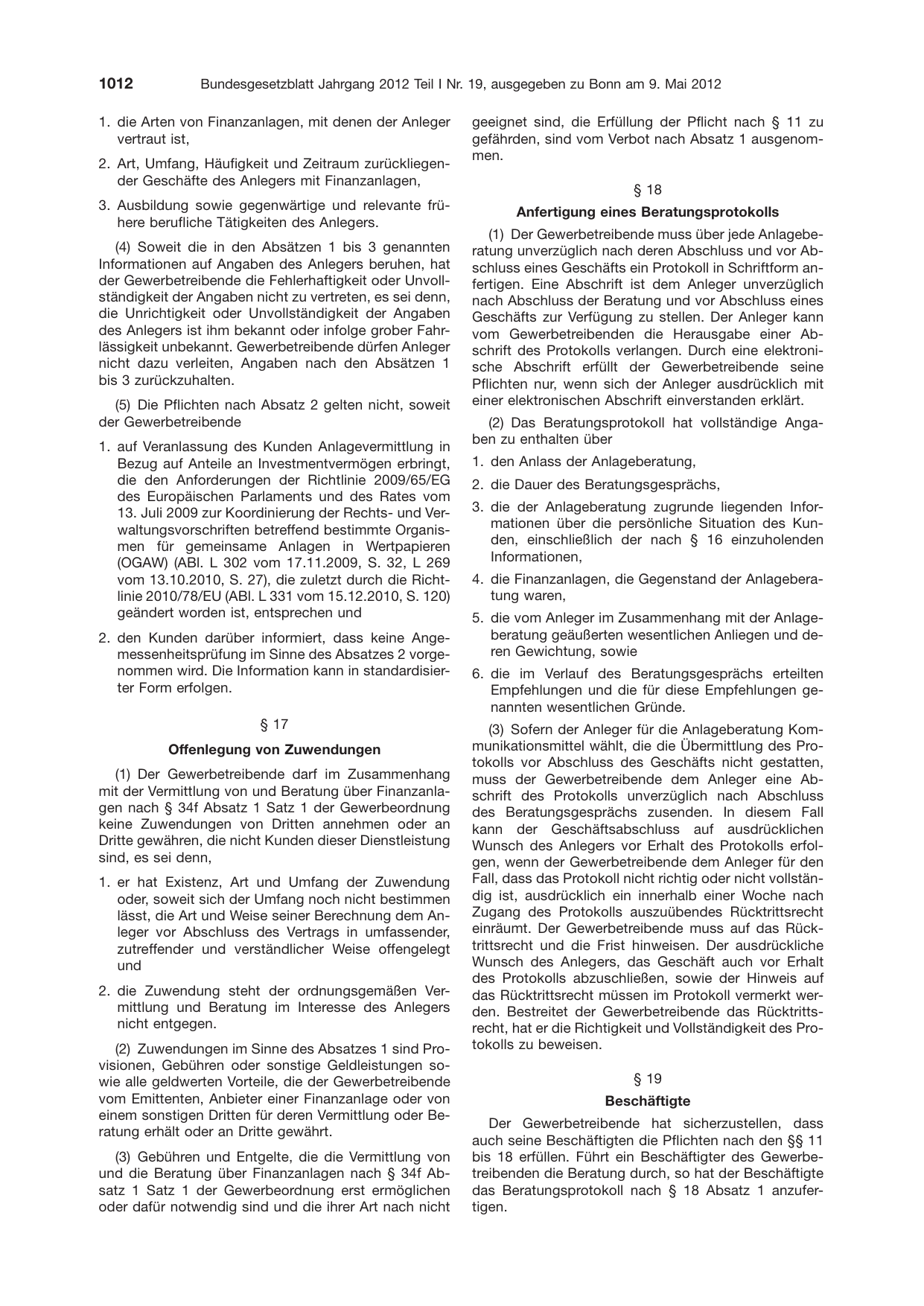 BGBl. 2012, Seite 1012 — Originalseite als Abbildung