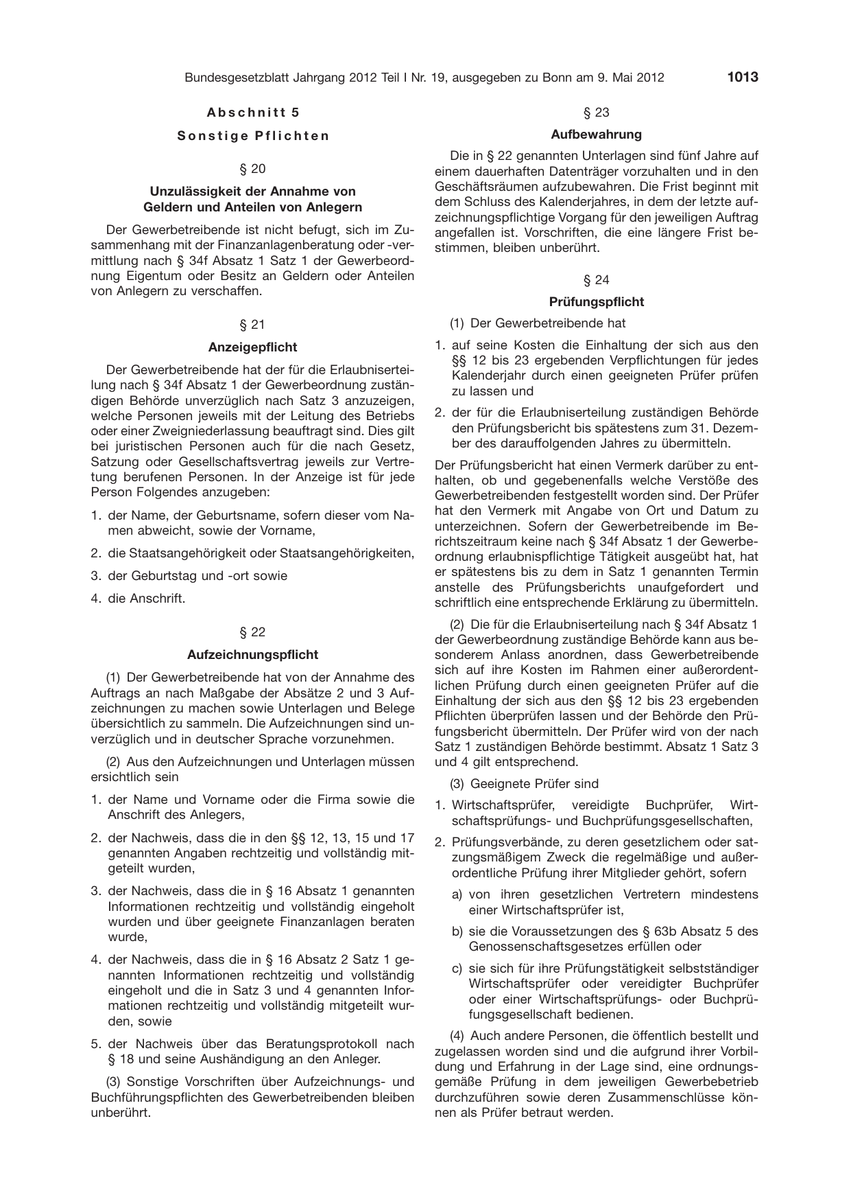 BGBl. 2012, Seite 1013 — Originalseite als Abbildung