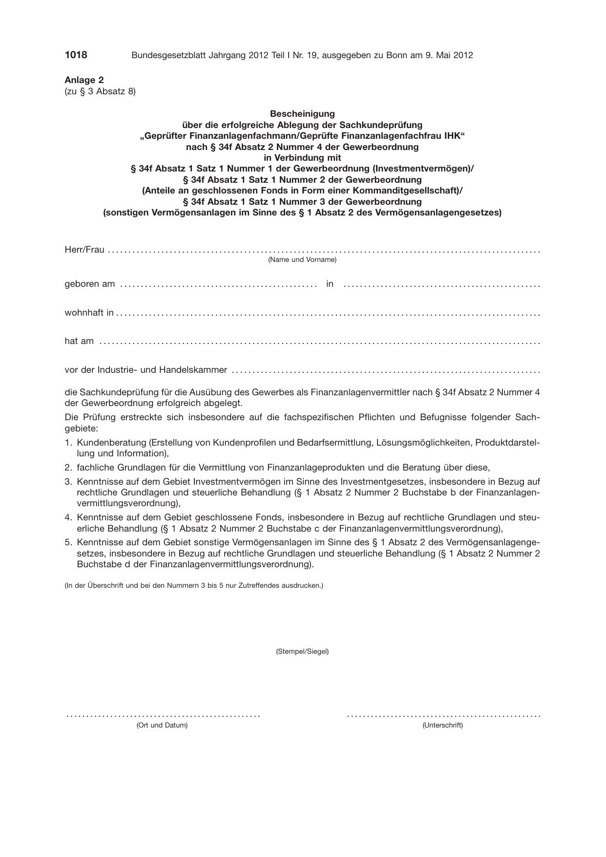 BGBl. 2012, Seite 1018 — Originalseite als Abbildung