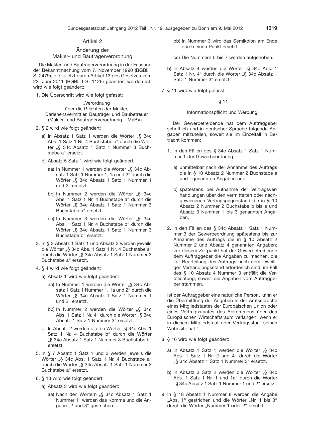 BGBl. 2012, Seite 1019 — Originalseite als Abbildung