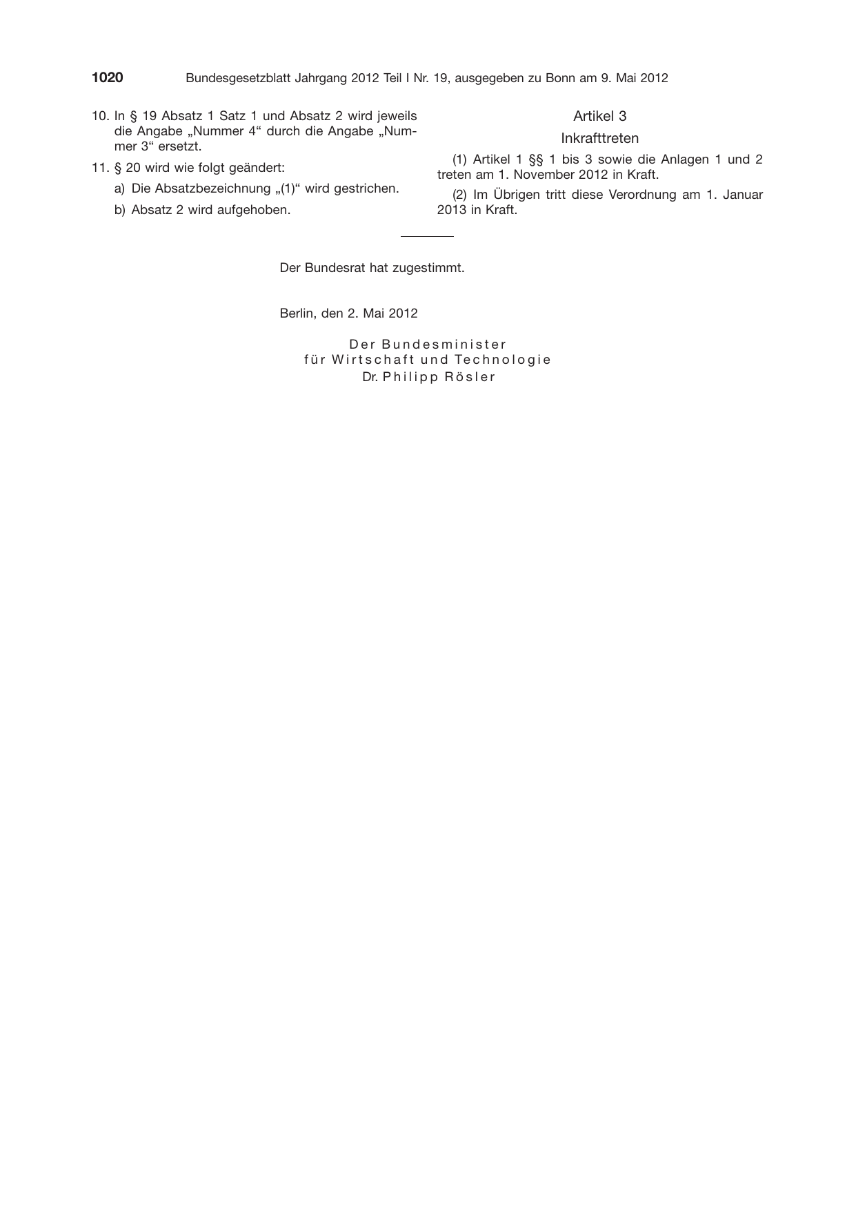 BGBl. 2012, Seite 1020 — Originalseite als Abbildung