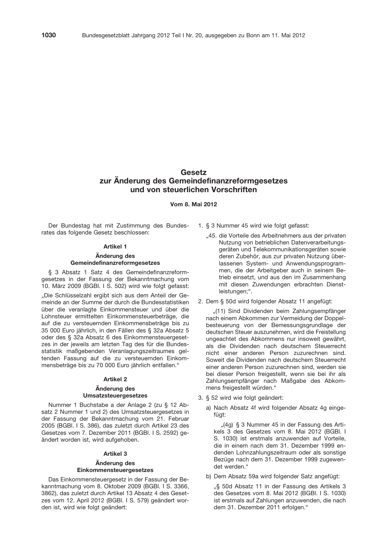 BGBl. 2012, Seite 1030 — Originalseite als Abbildung