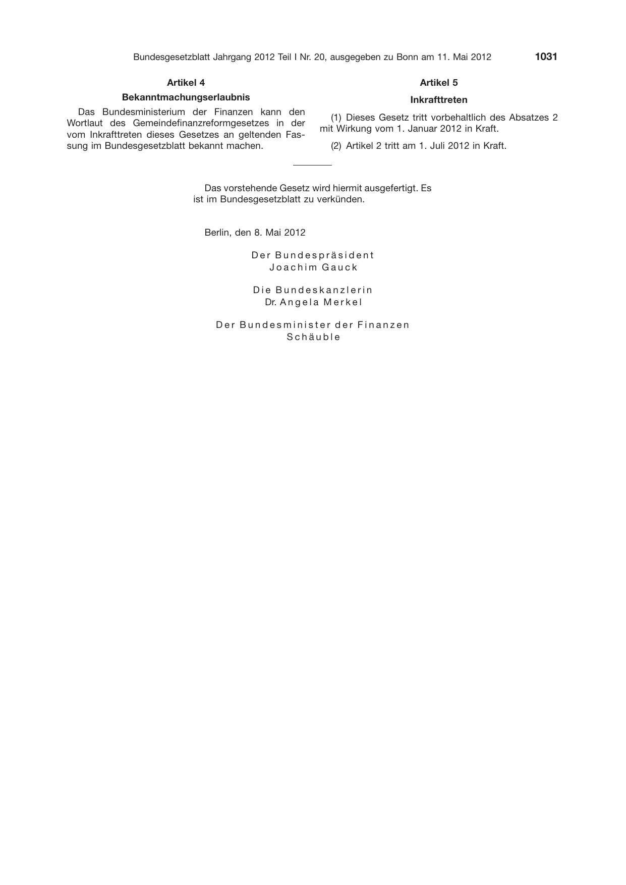 BGBl. 2012, Seite 1031 — Originalseite als Abbildung
