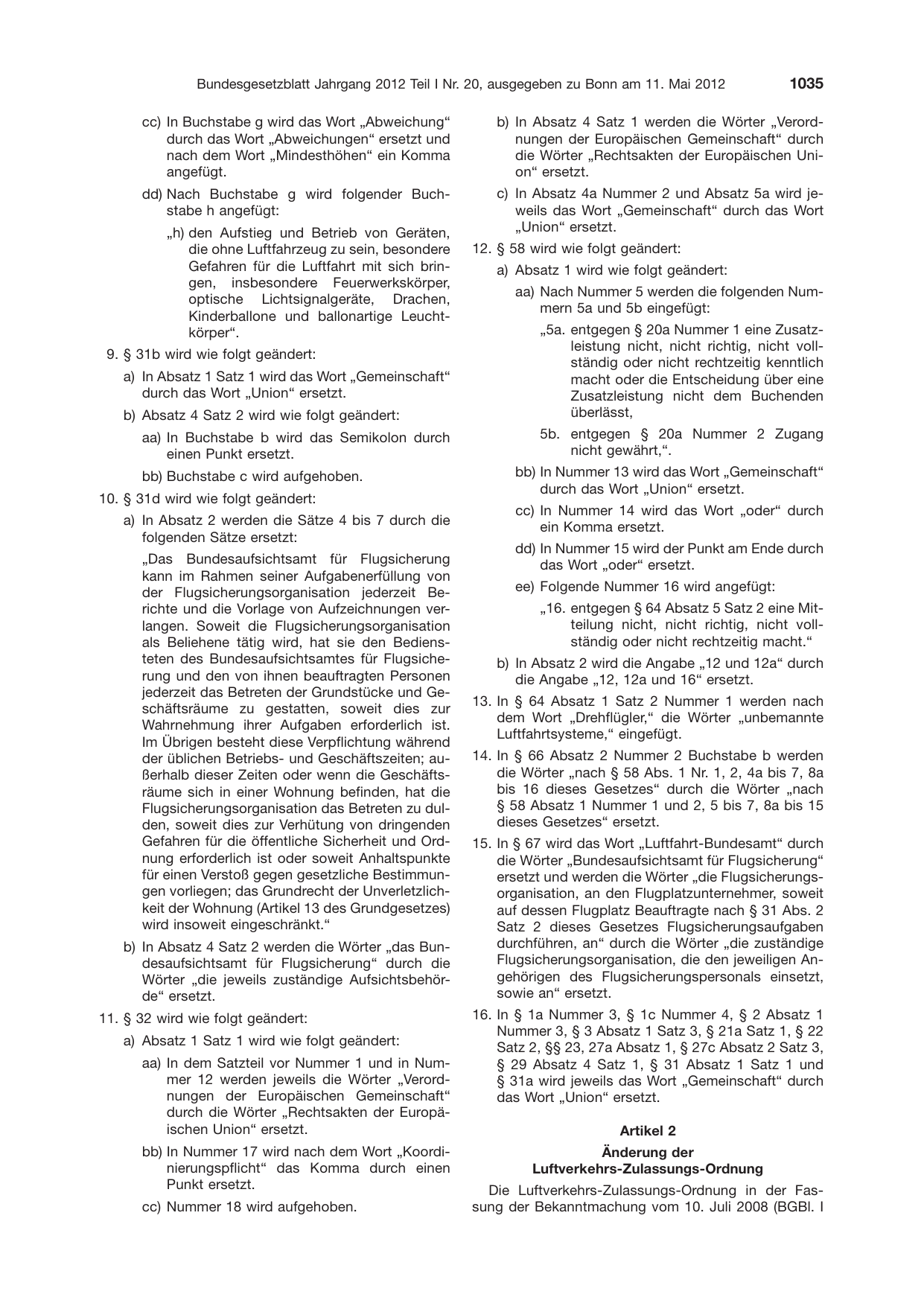 BGBl. 2012, Seite 1035 — Originalseite als Abbildung