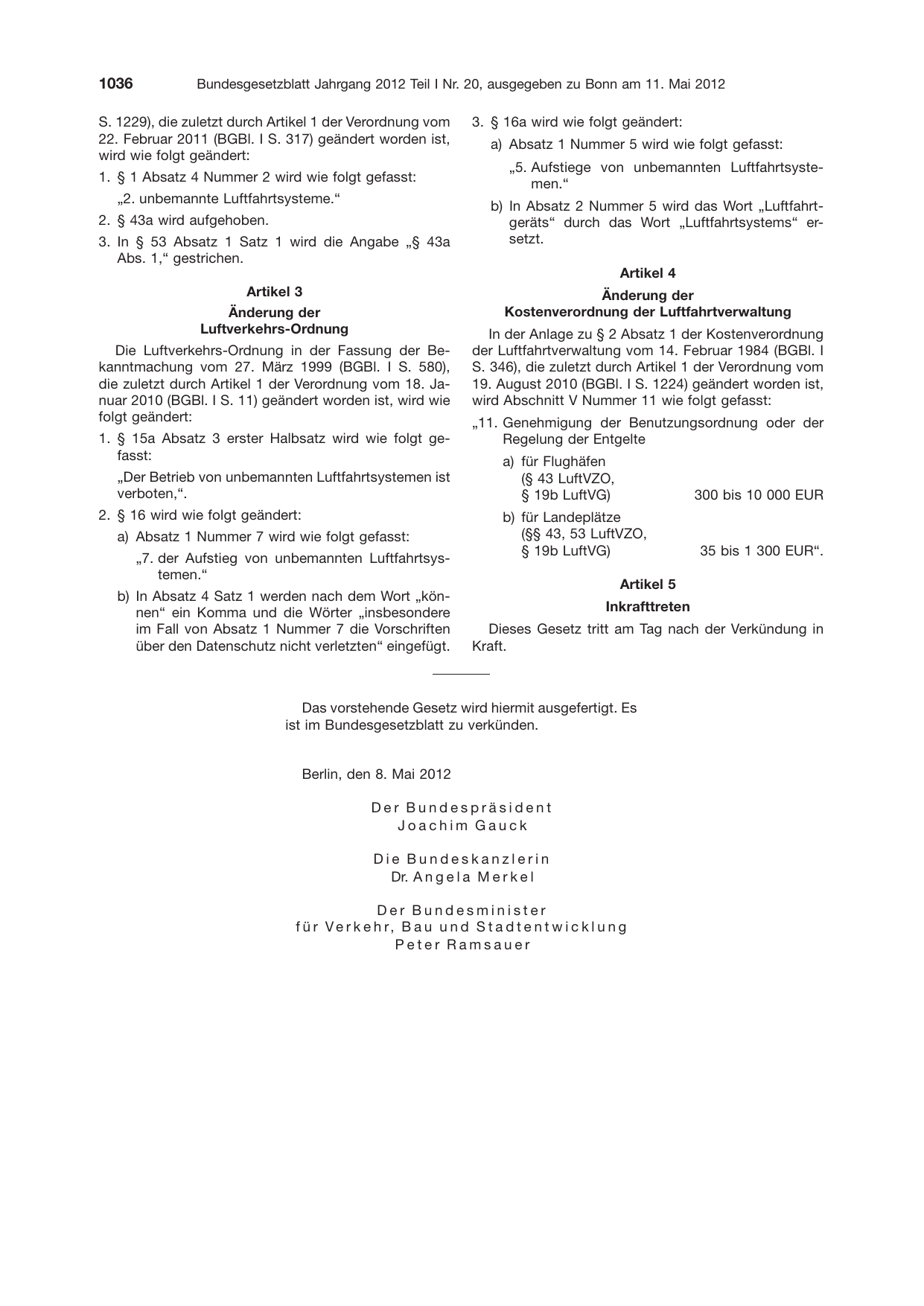 BGBl. 2012, Seite 1036 — Originalseite als Abbildung