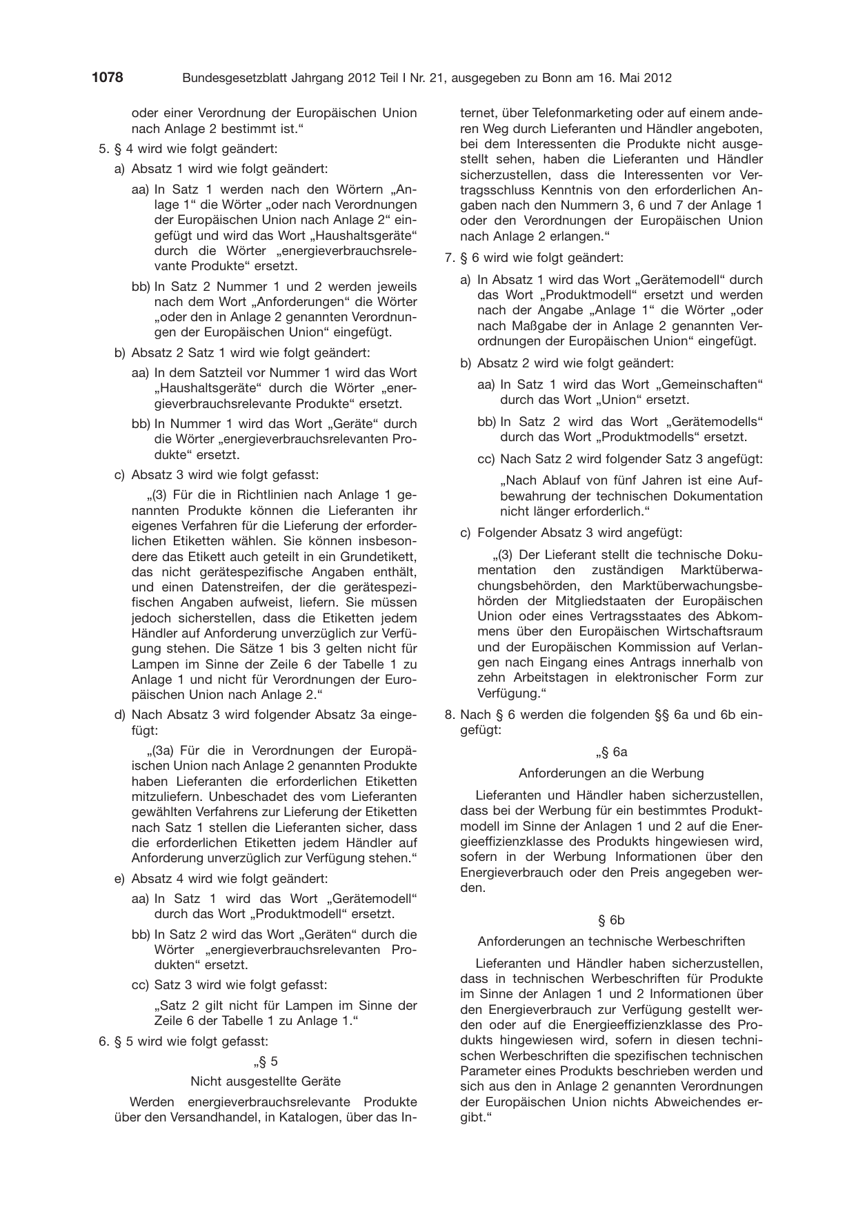 BGBl. 2012, Seite 1078 — Originalseite als Abbildung