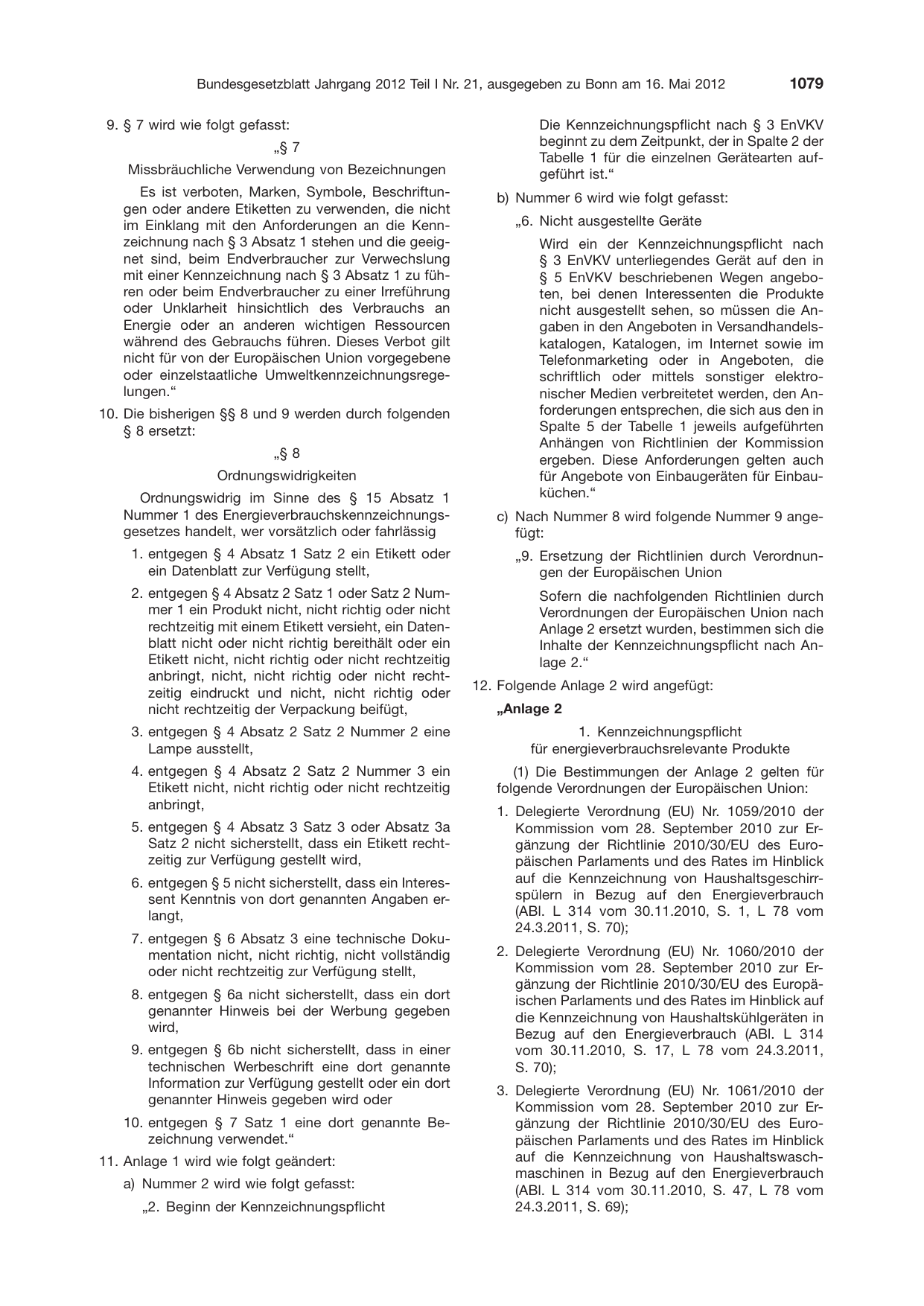 BGBl. 2012, Seite 1079 — Originalseite als Abbildung