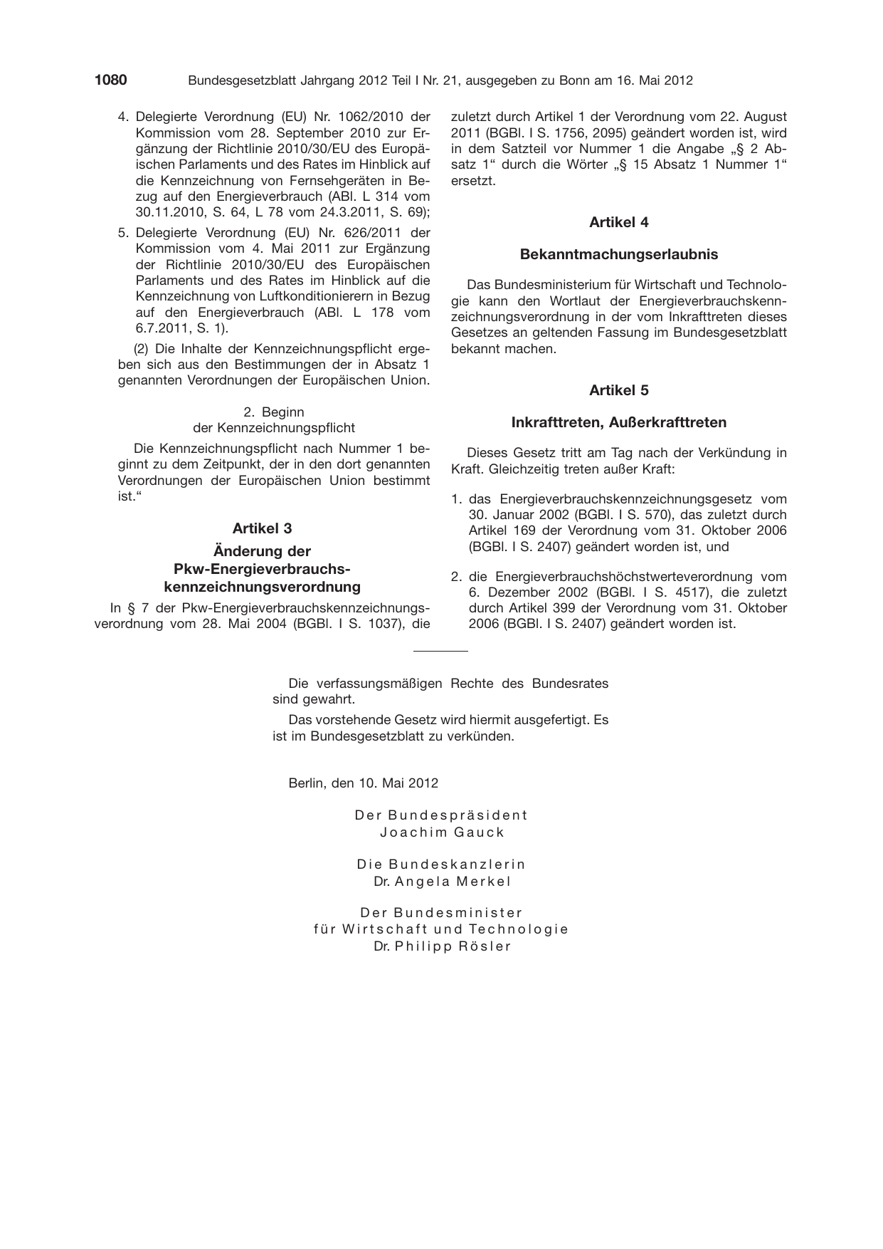 BGBl. 2012, Seite 1080 — Originalseite als Abbildung