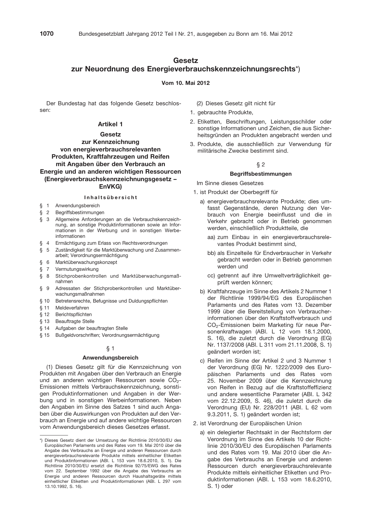 BGBl. 2012, Seite 1070 — Originalseite als Abbildung