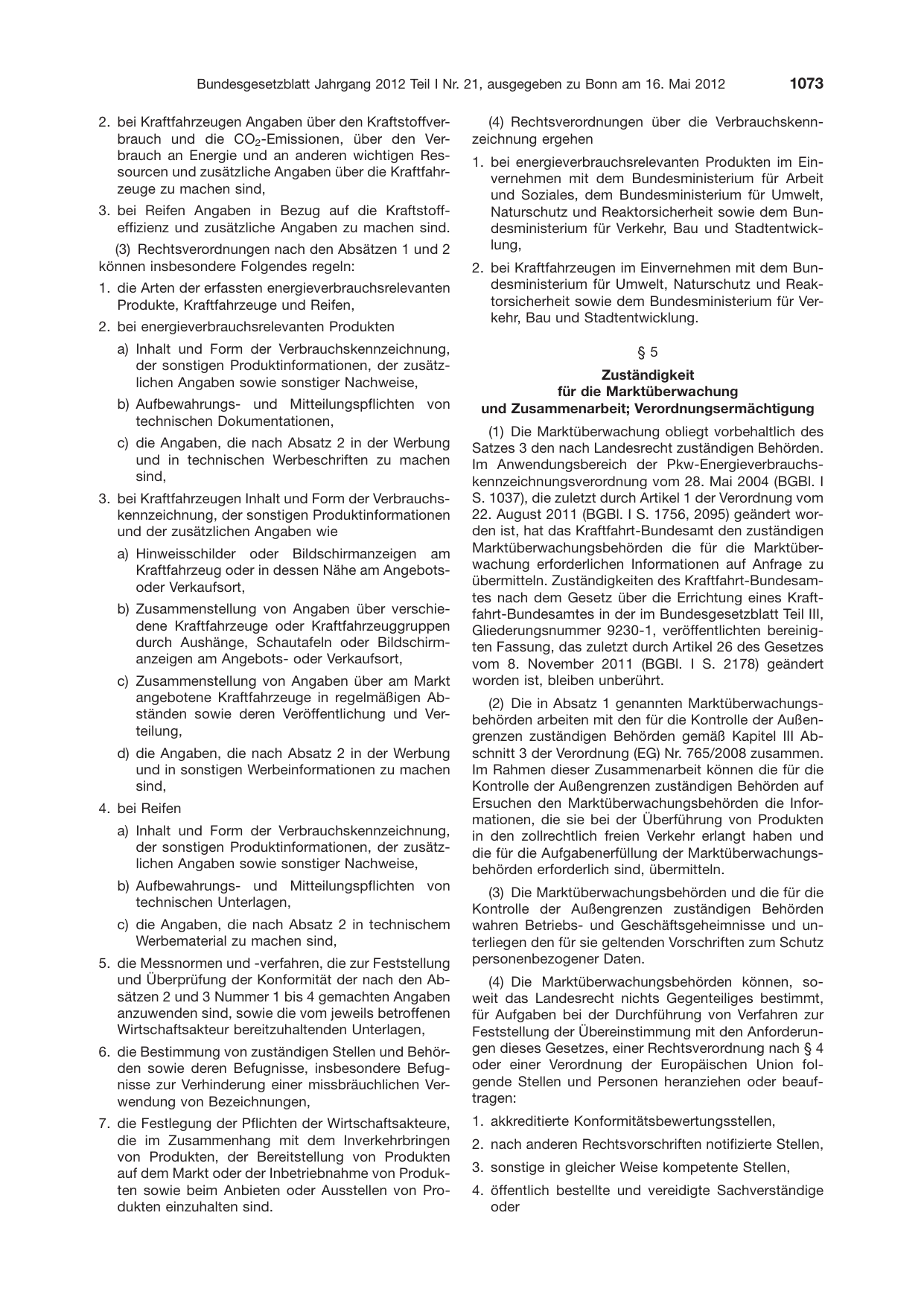 BGBl. 2012, Seite 1073 — Originalseite als Abbildung