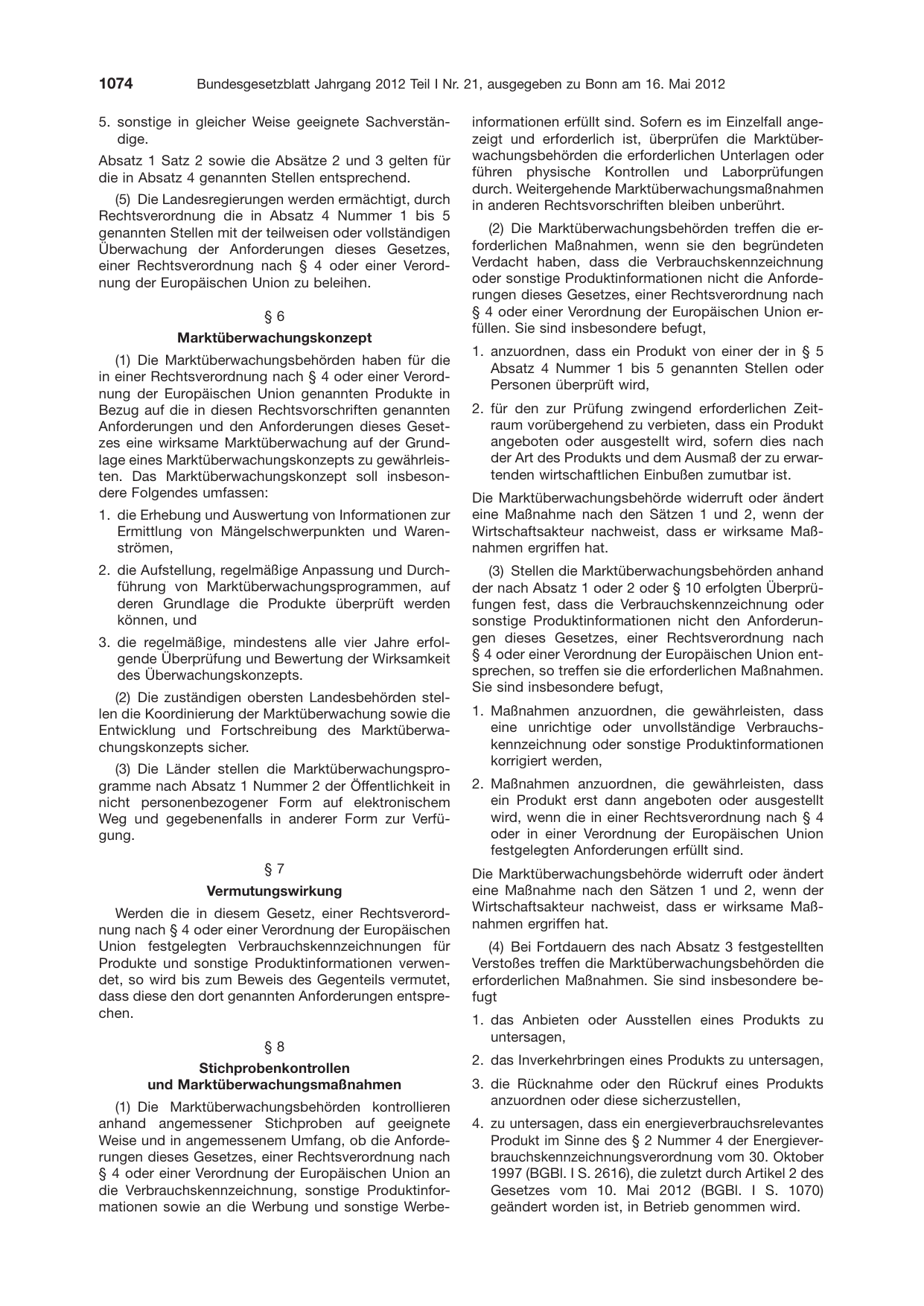 BGBl. 2012, Seite 1074 — Originalseite als Abbildung