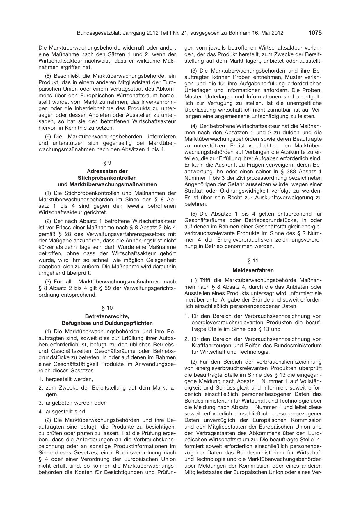 BGBl. 2012, Seite 1075 — Originalseite als Abbildung