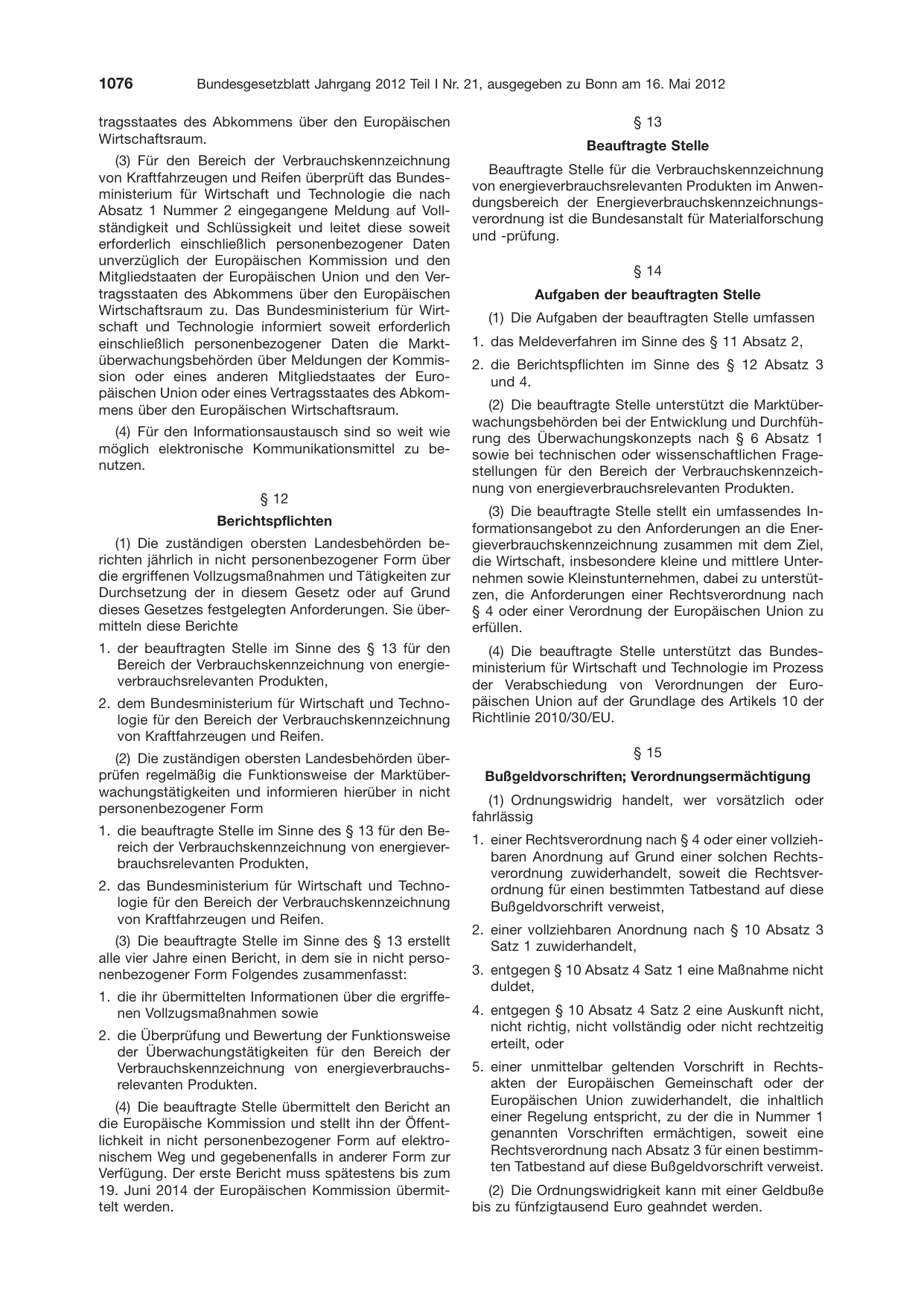 BGBl. 2012, Seite 1076 — Originalseite als Abbildung