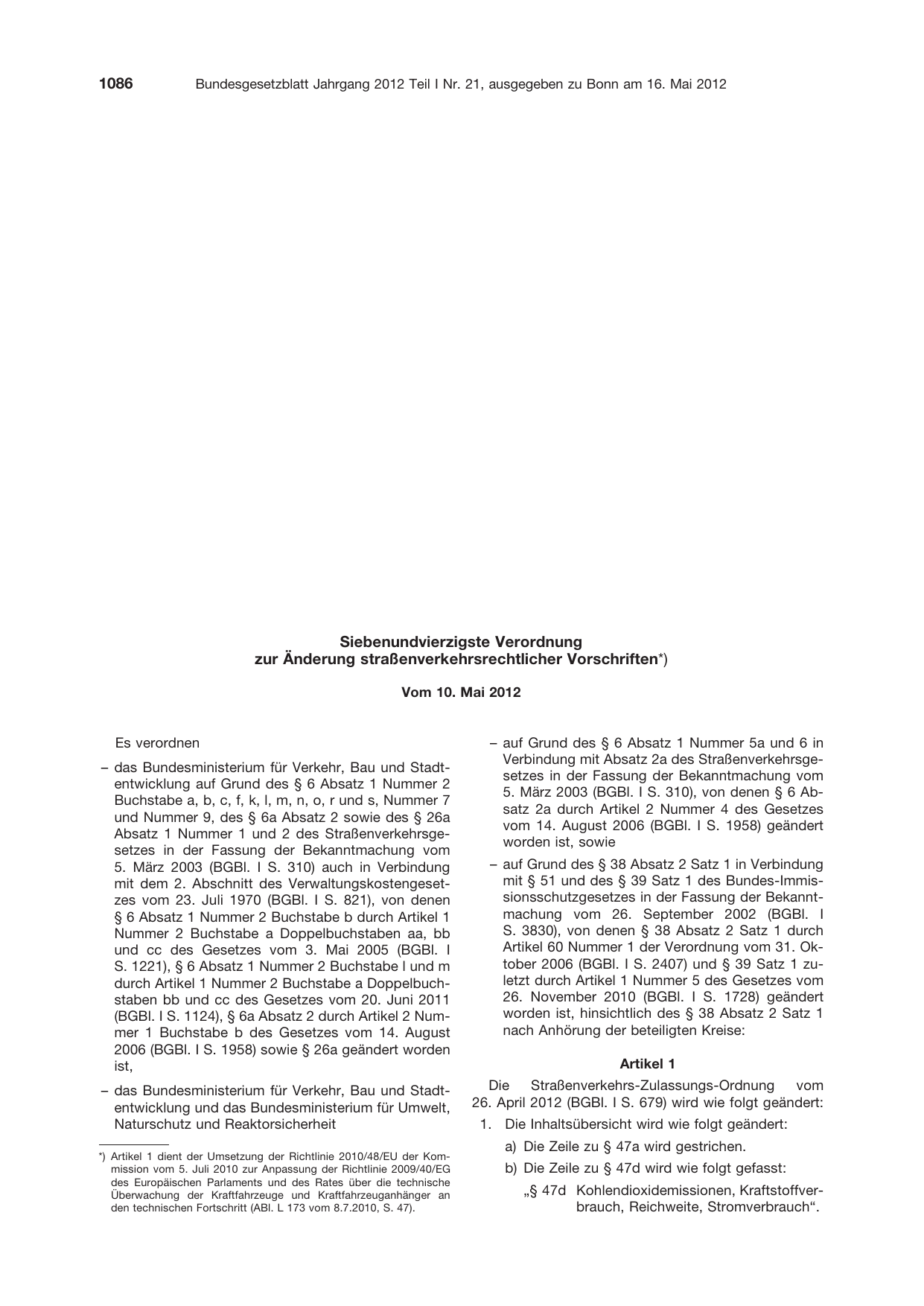 BGBl. 2012, Seite 1086 — Originalseite als Abbildung