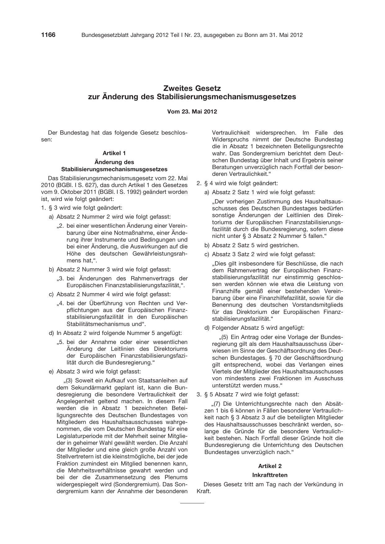 BGBl. 2012, Seite 1166 — Originalseite als Abbildung