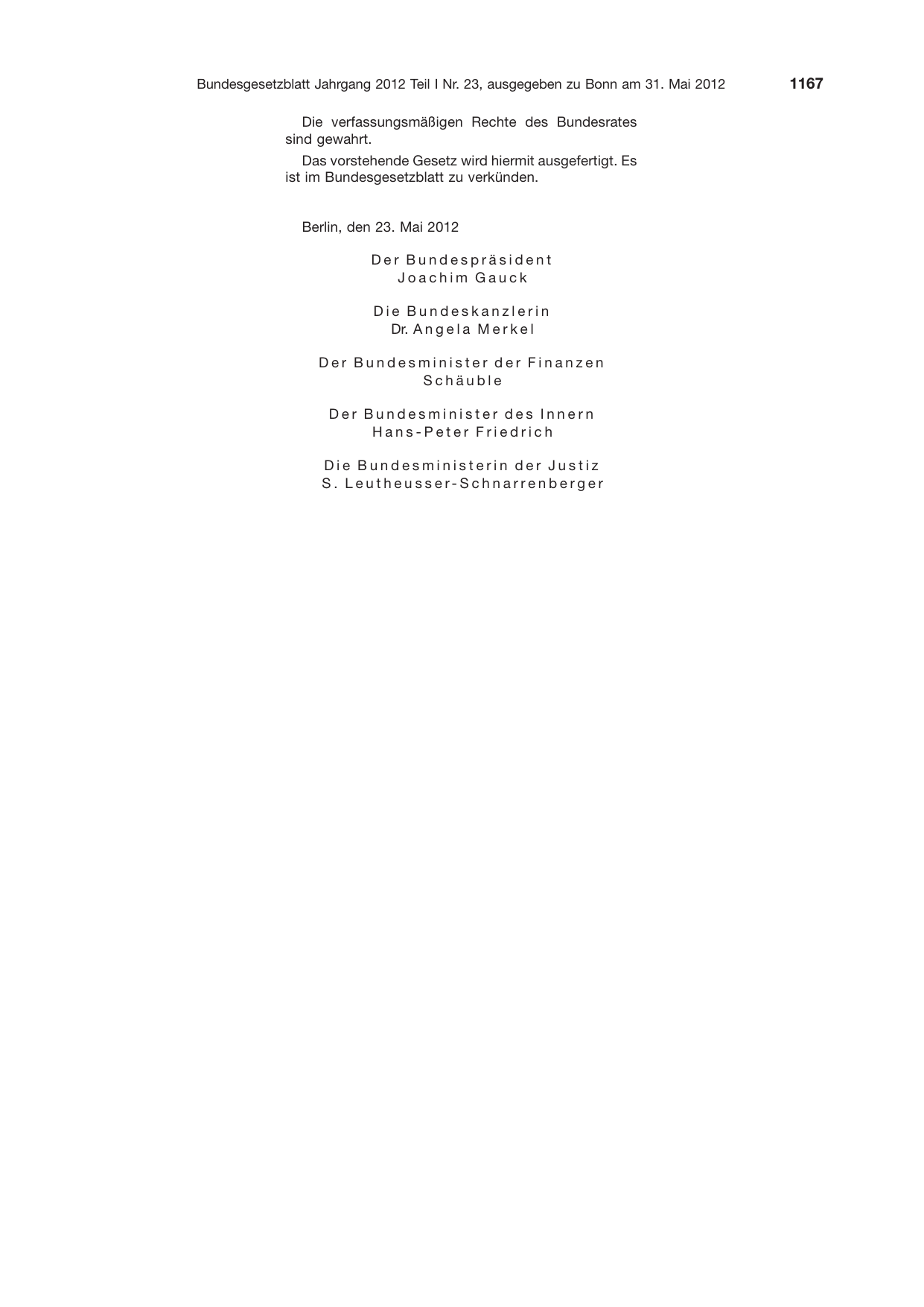 BGBl. 2012, Seite 1167 — Originalseite als Abbildung