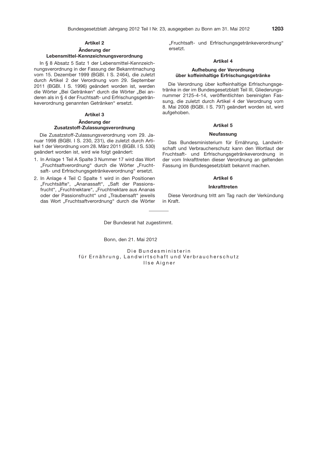 BGBl. 2012, Seite 1203 — Originalseite als Abbildung