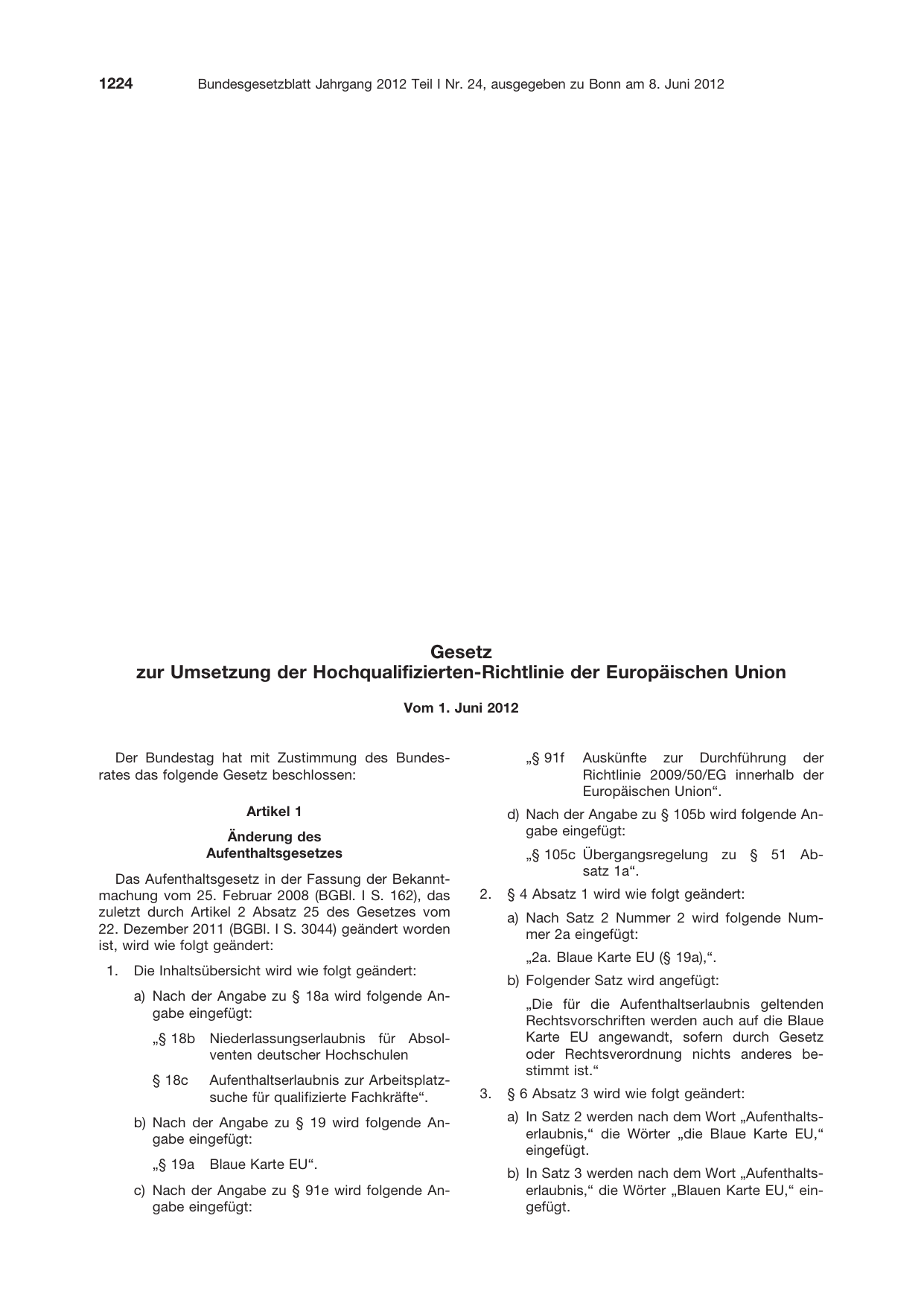 BGBl. 2012, Seite 1224 — Originalseite als Abbildung