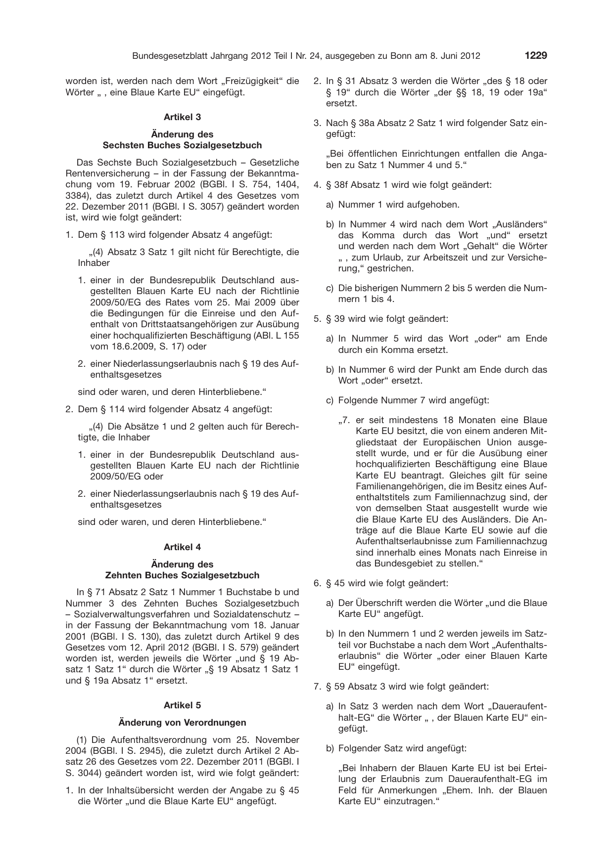 BGBl. 2012, Seite 1229 — Originalseite als Abbildung