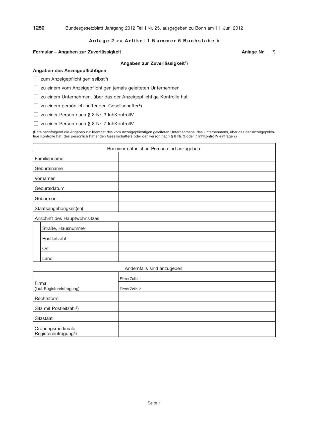 BGBl. 2012, Seite 1250 — Originalseite als Abbildung