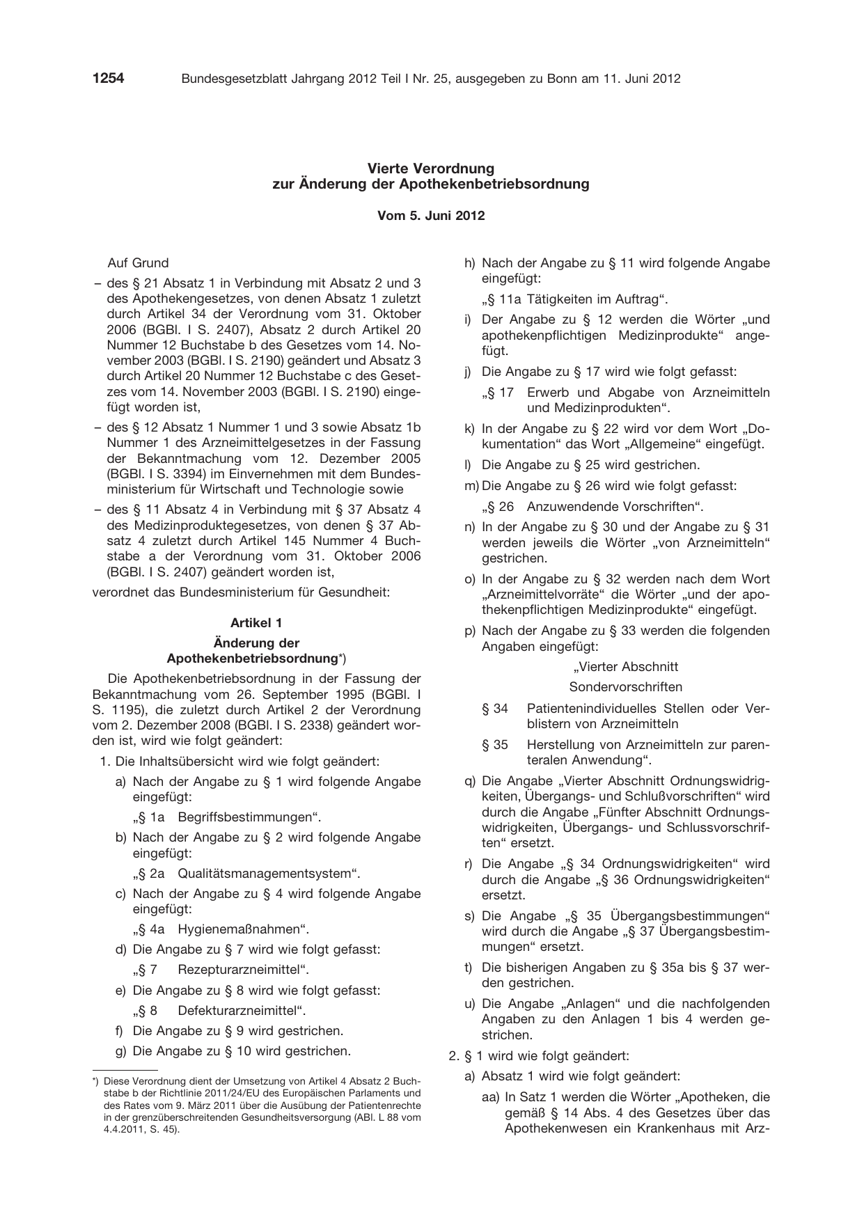 BGBl. 2012, Seite 1254 — Originalseite als Abbildung