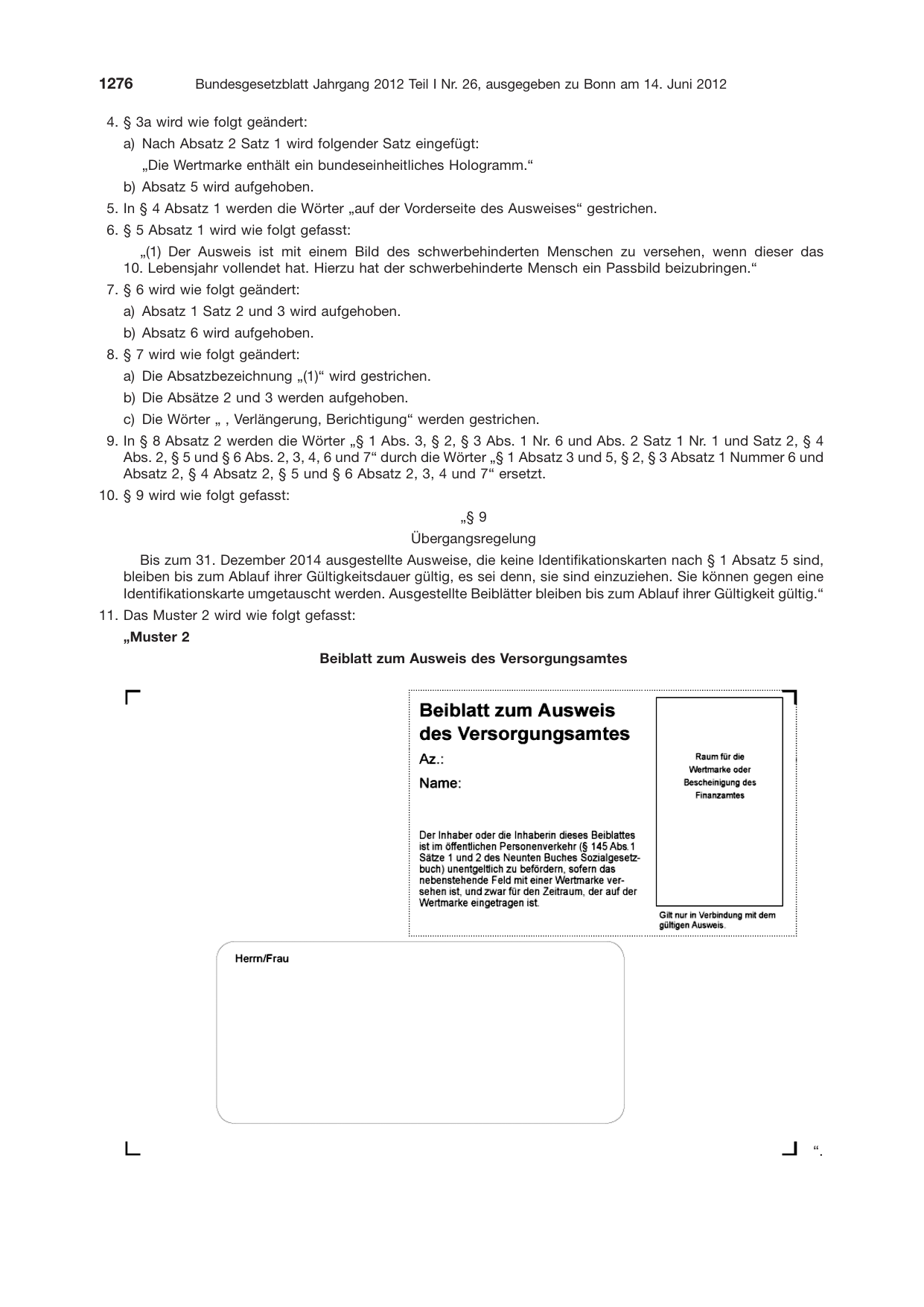 BGBl. 2012, Seite 1276 — Originalseite als Abbildung