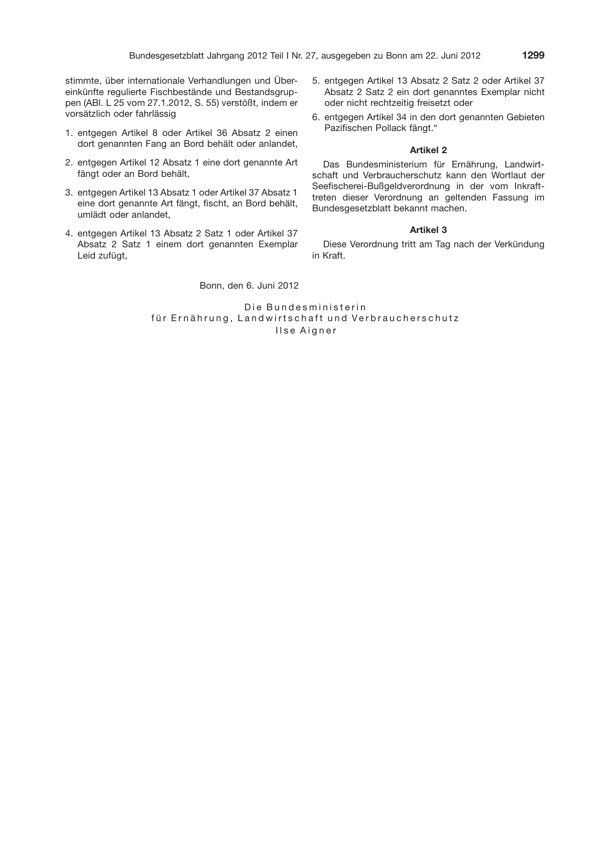 BGBl. 2012, Seite 1299 — Originalseite als Abbildung