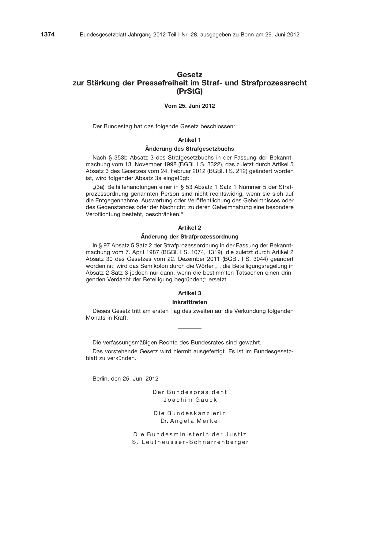 BGBl. 2012, Seite 1374 — Originalseite als Abbildung
