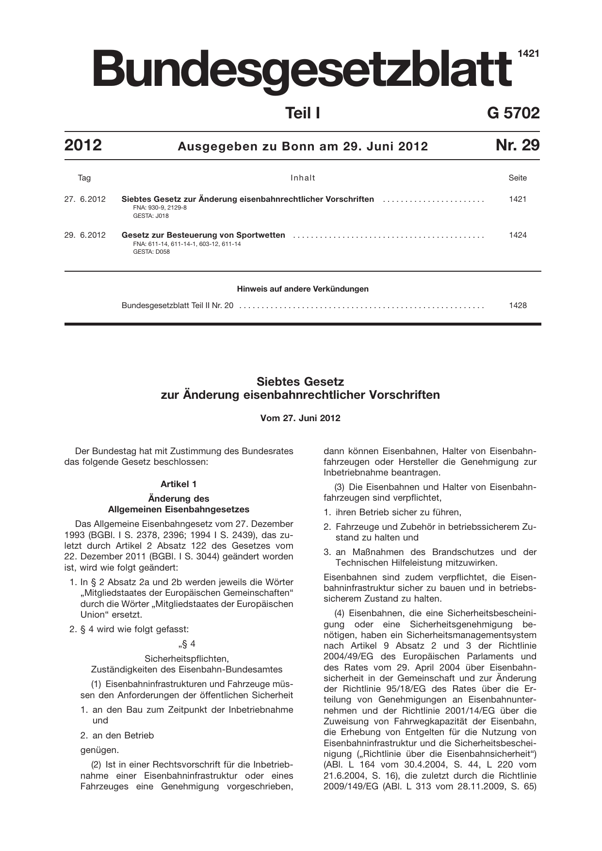 BGBl. 2012, Seite 1421 — Originalseite als Abbildung
