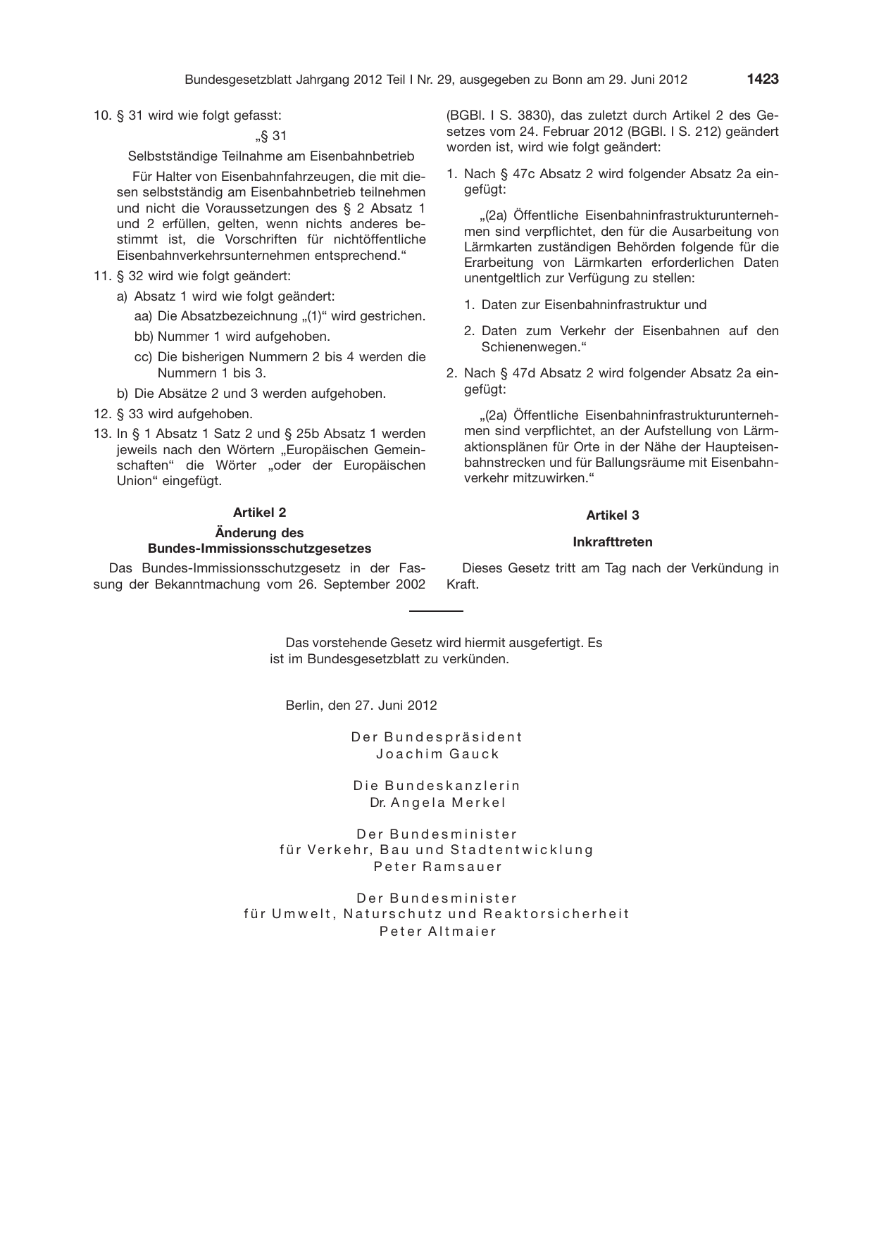 BGBl. 2012, Seite 1423 — Originalseite als Abbildung