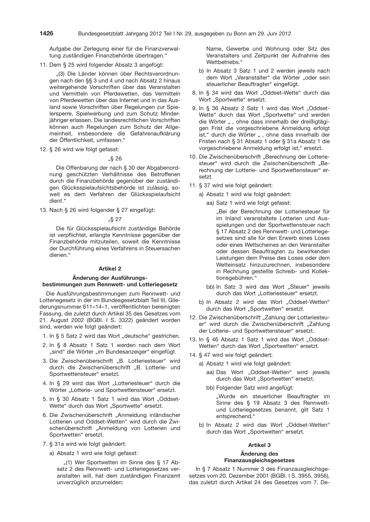 BGBl. 2012, Seite 1426 — Originalseite als Abbildung