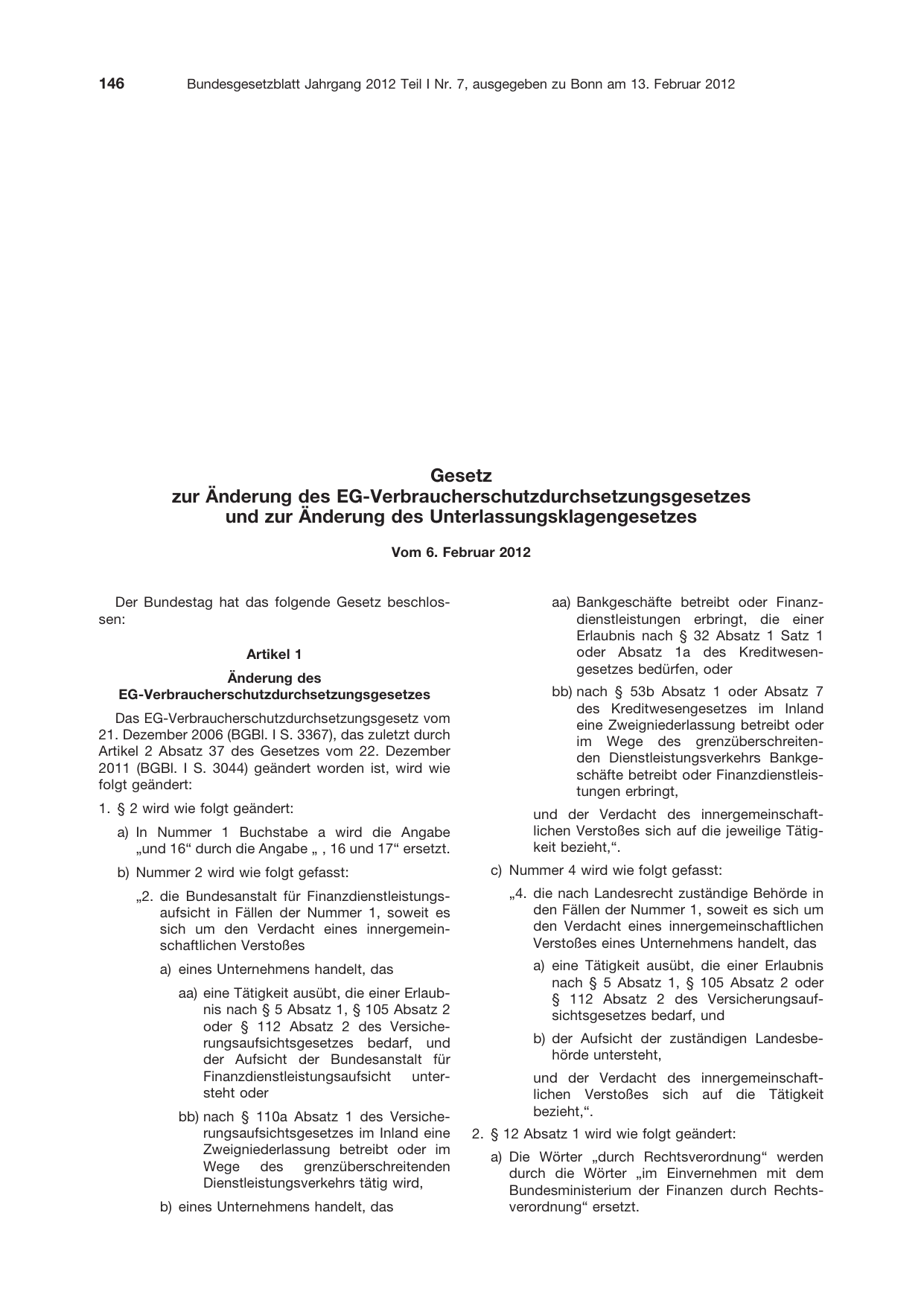BGBl. 2012, Seite 146 — Originalseite als Abbildung