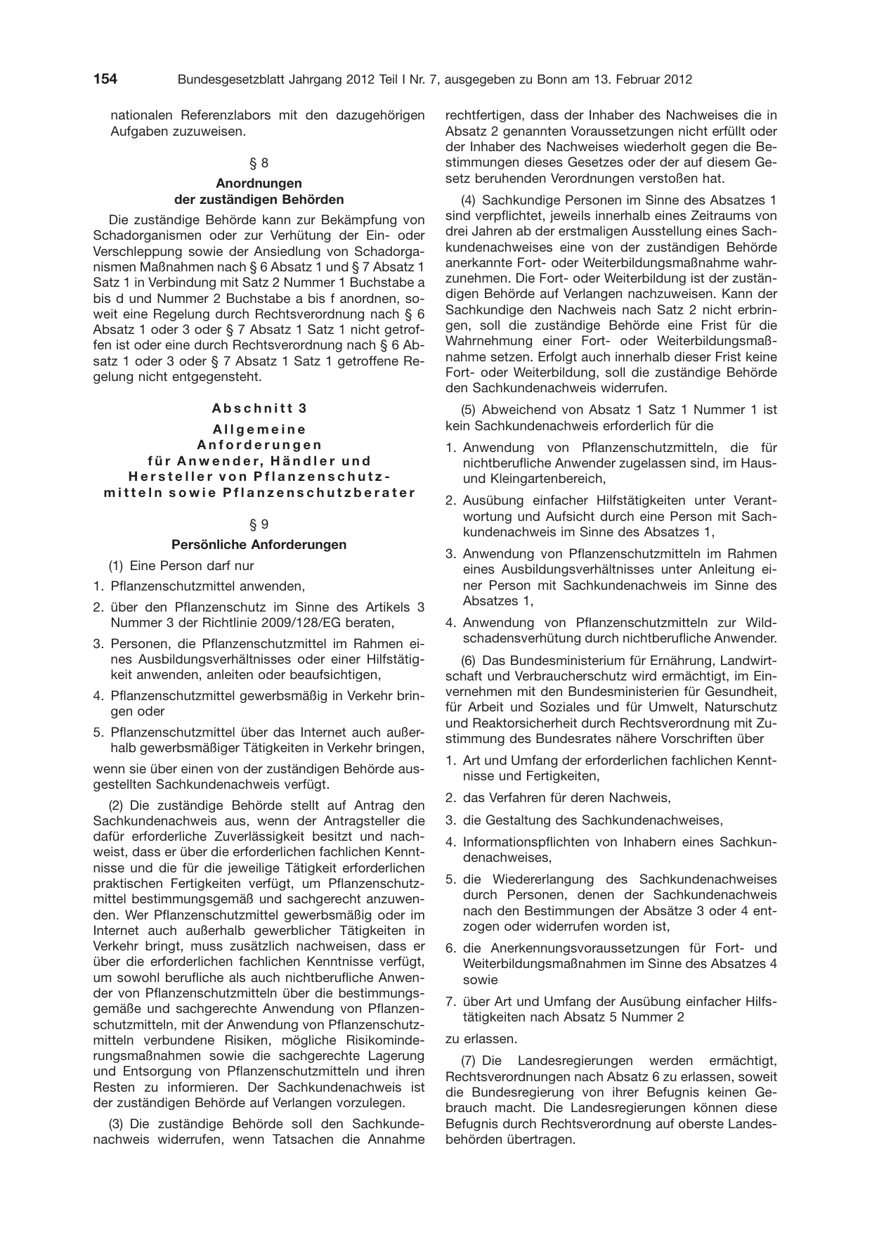 BGBl. 2012, Seite 154 — Originalseite als Abbildung