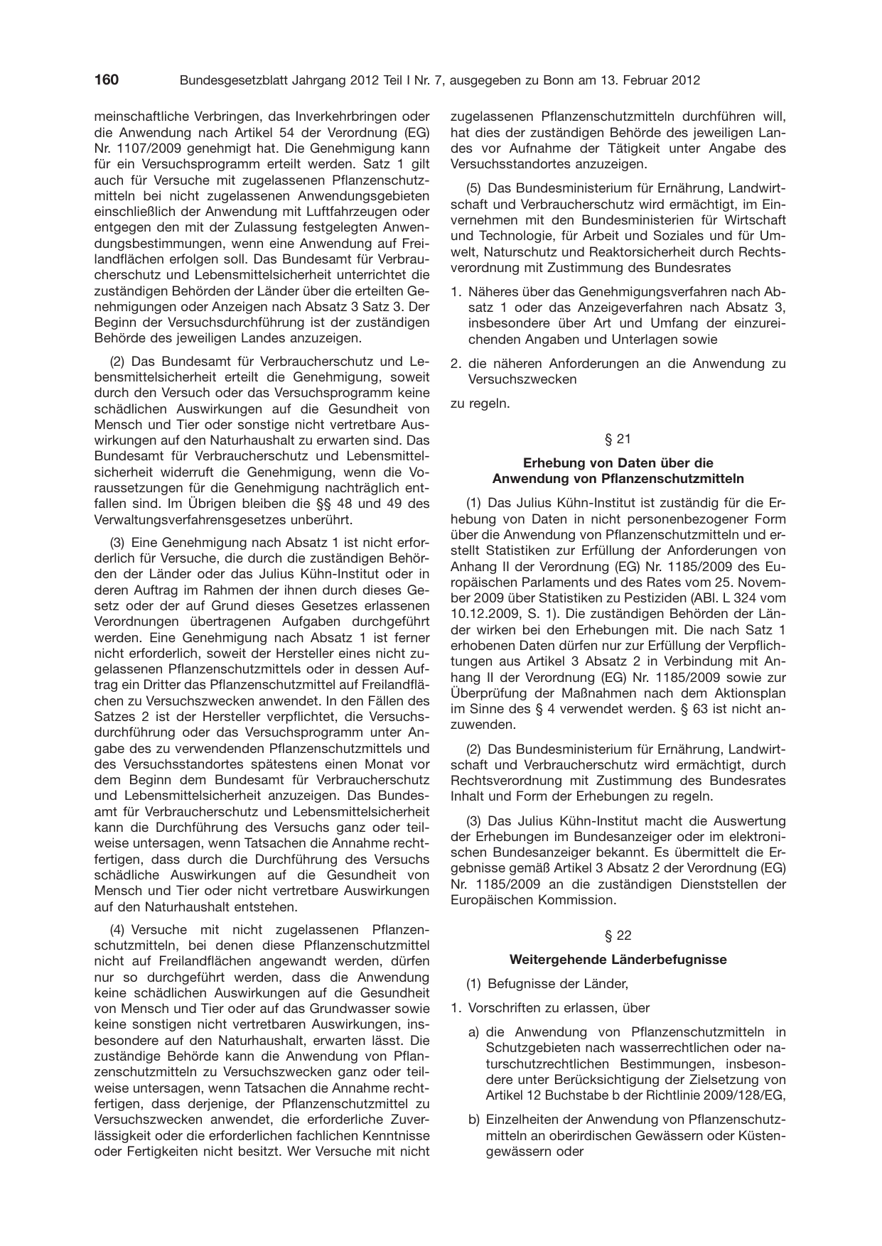BGBl. 2012, Seite 160 — Originalseite als Abbildung