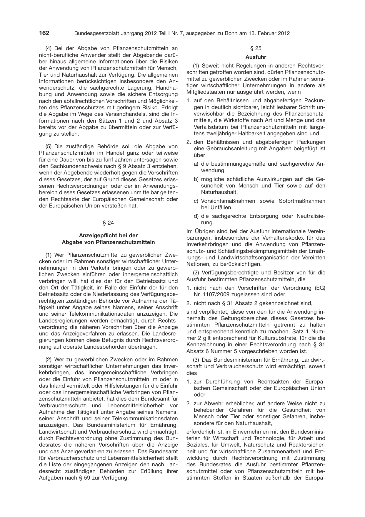 BGBl. 2012, Seite 162 — Originalseite als Abbildung