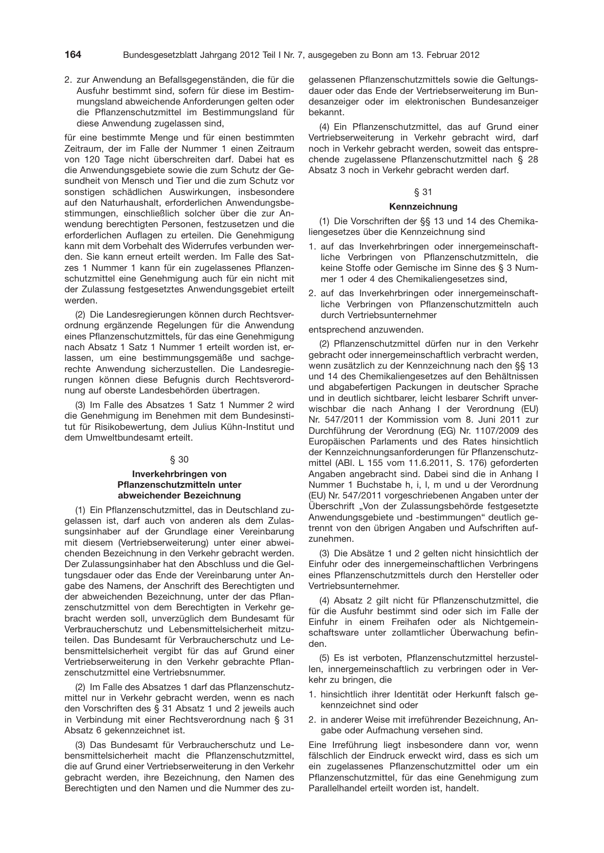BGBl. 2012, Seite 164 — Originalseite als Abbildung