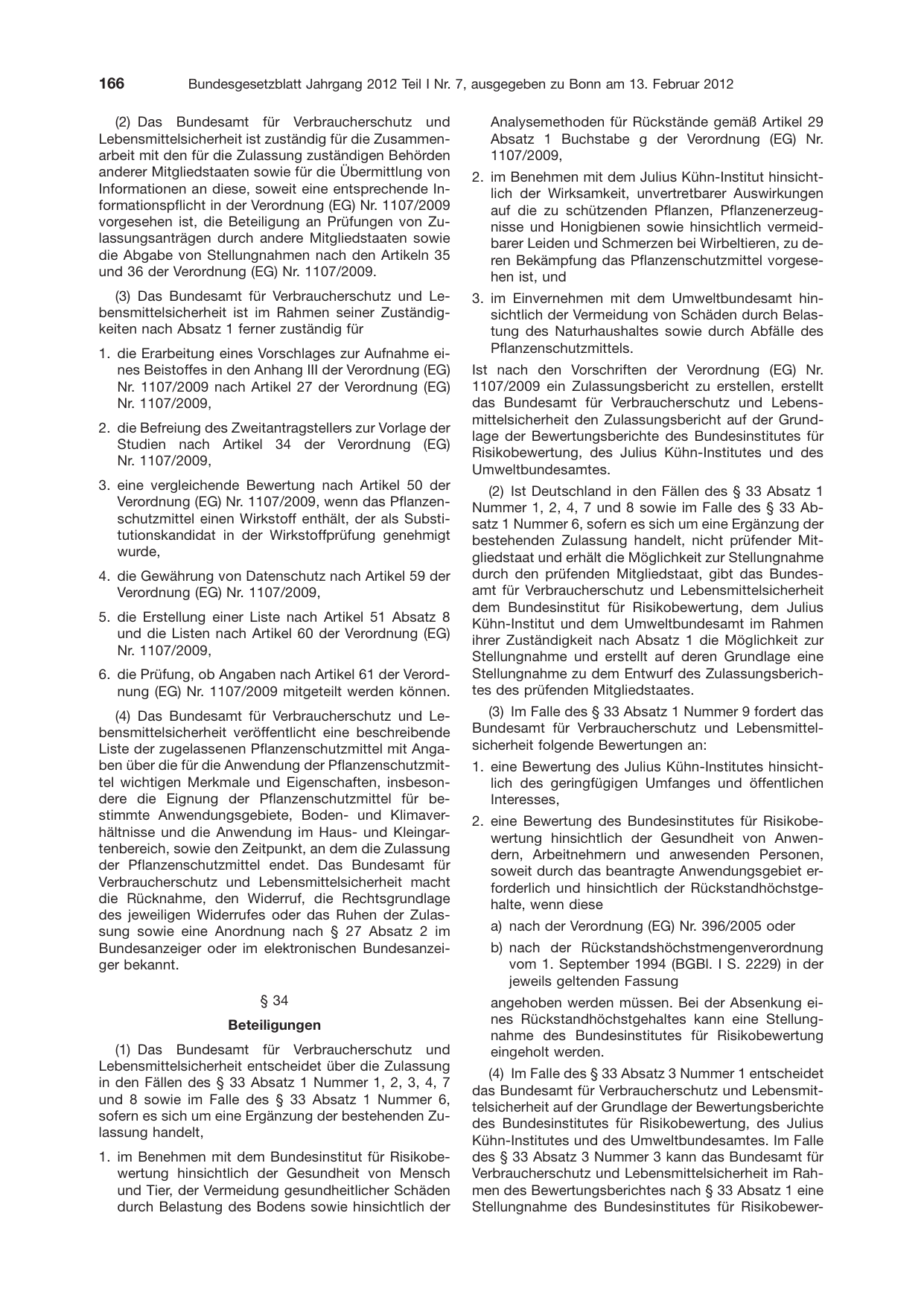 BGBl. 2012, Seite 166 — Originalseite als Abbildung