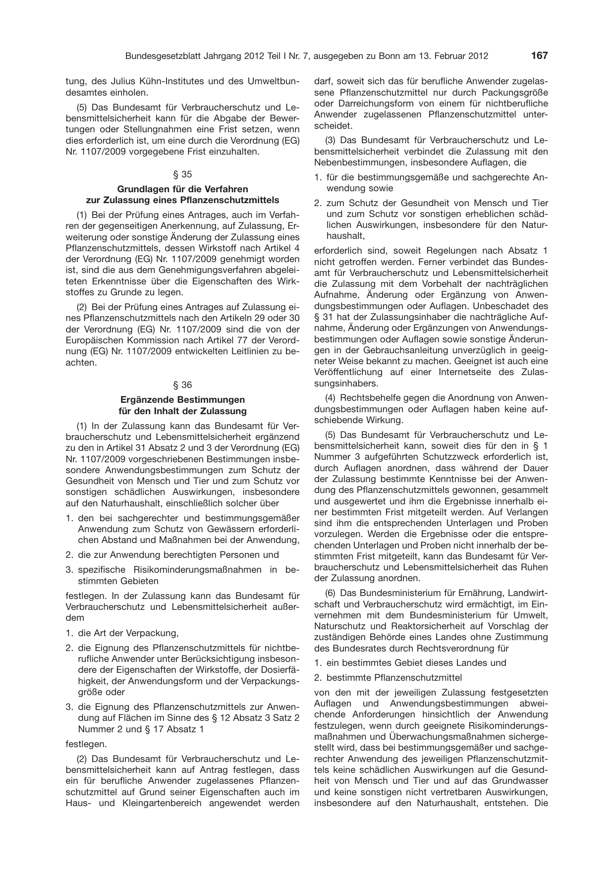 BGBl. 2012, Seite 167 — Originalseite als Abbildung